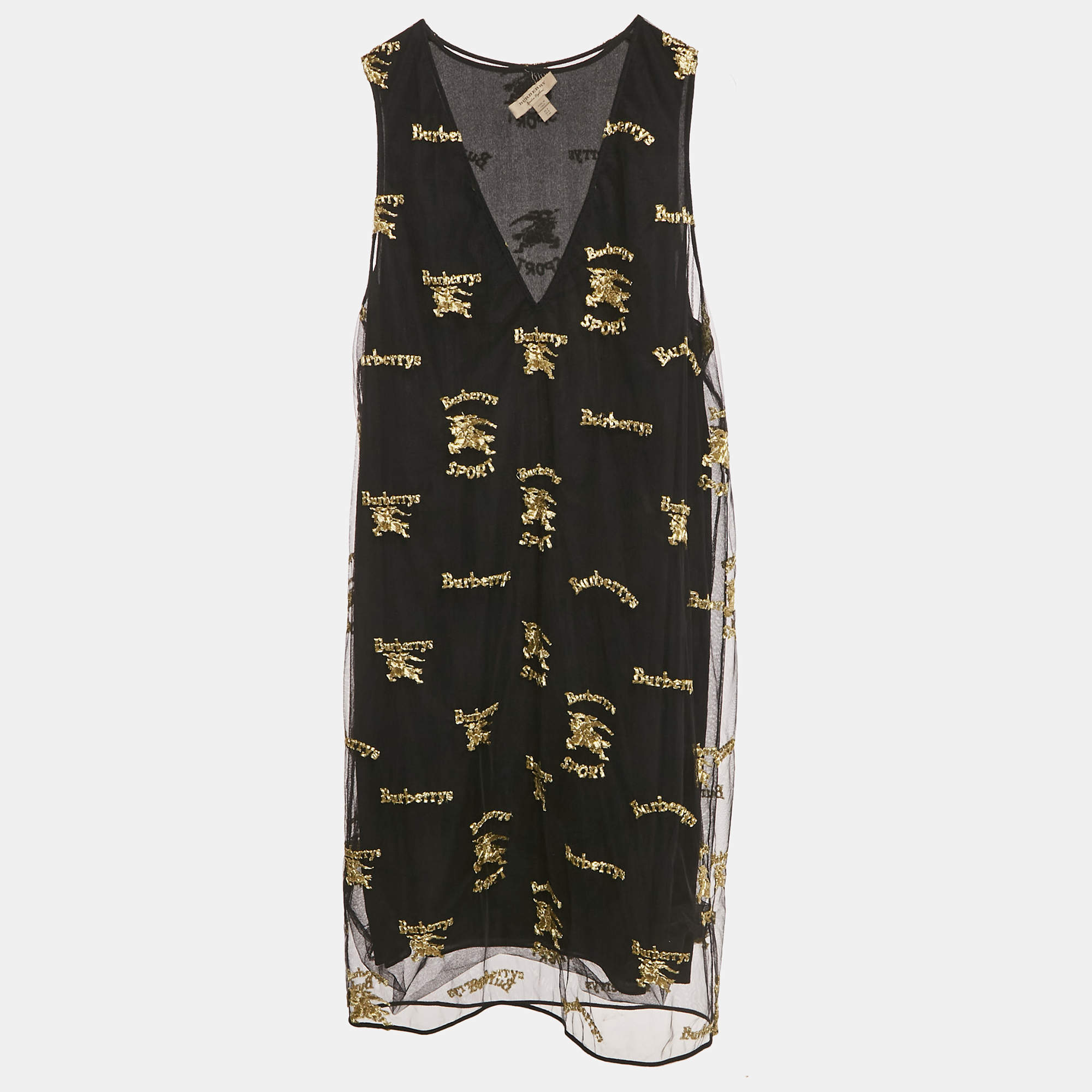Pre Owned Burberry Black Logo Lurex Embroidery Sleeveless Short Dress S
