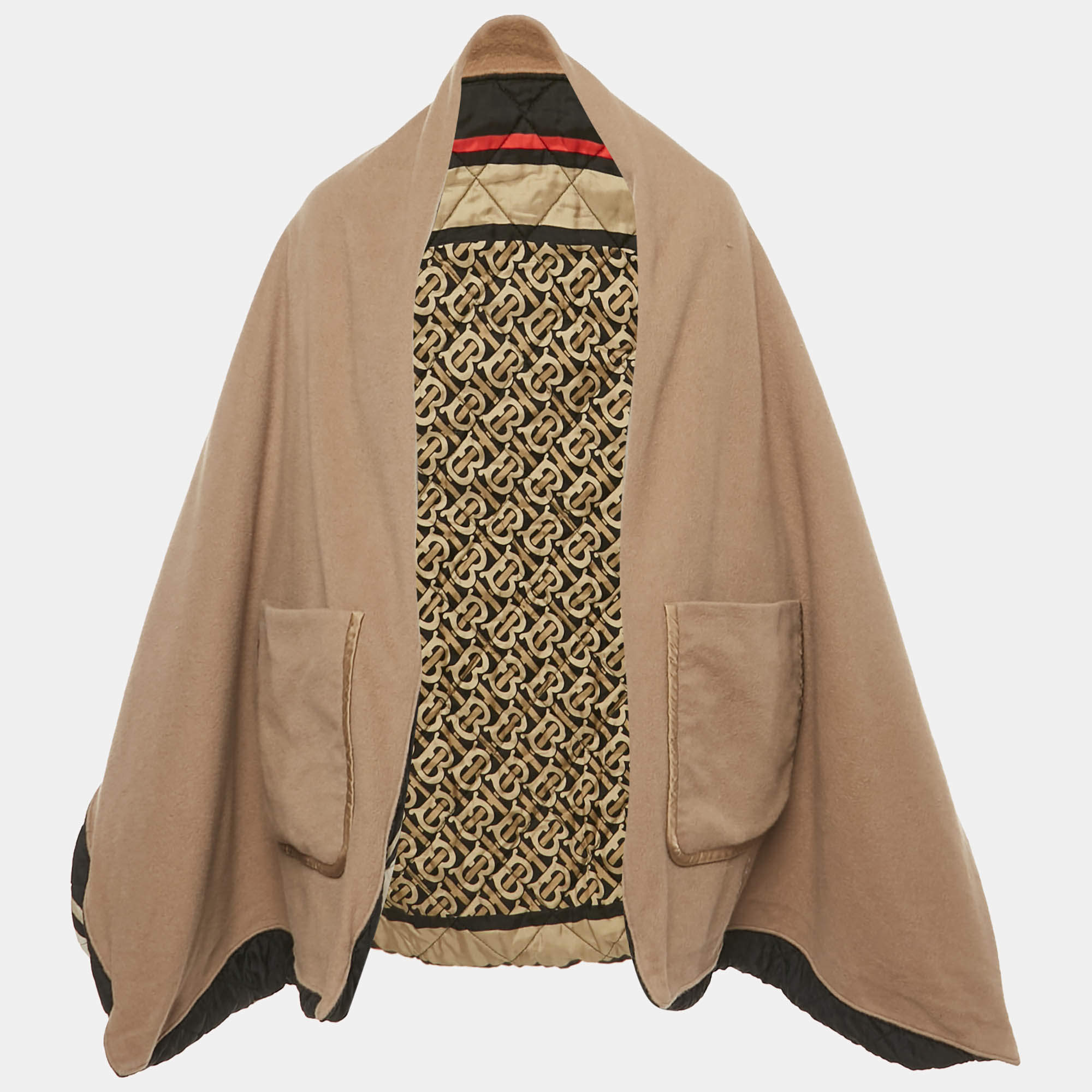 Pre Owned Burberry Beige Wool & Printed Quilted Silk Poncho ONE SIZE