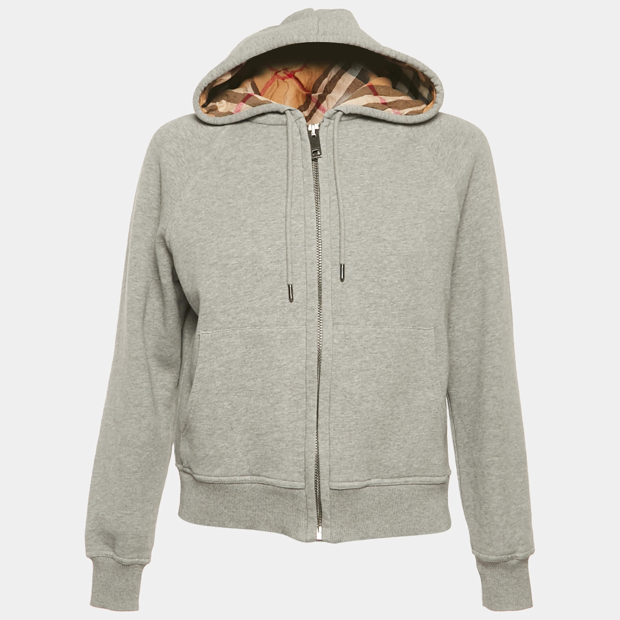 مملوكة مسبقًا جاكيت بربري قطني رمادي بغطاء للرأس وسحاب بحجم صغير