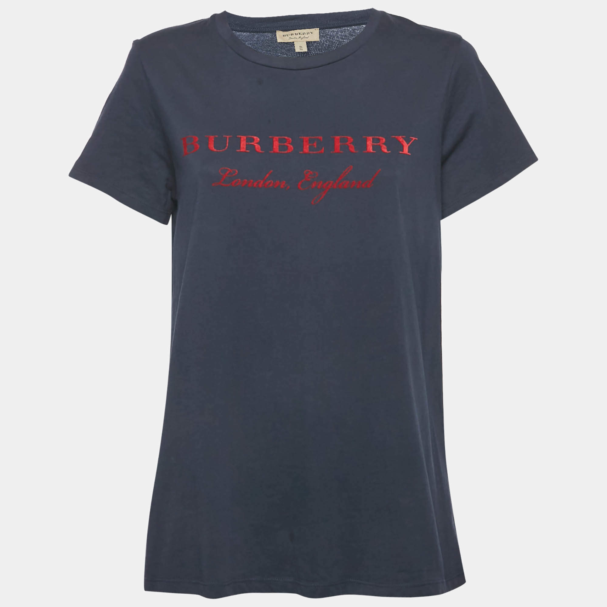 Pre Owned Burberry Navy Blue/Red Logo Flocked Jersey T-Shirt XL