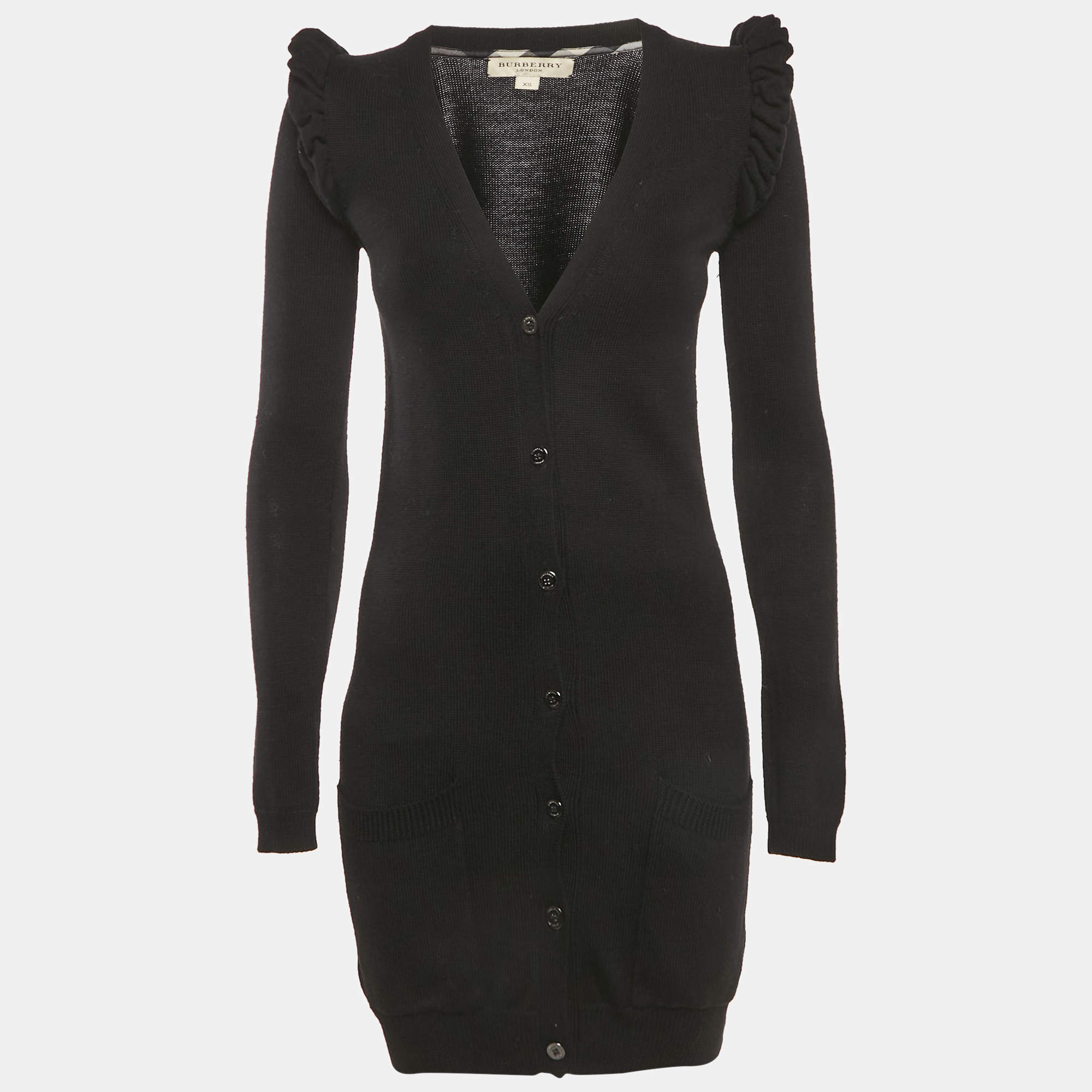 Pre Owned Burberry Black Rib Knit Wool Ruffled Sweater Dress XS