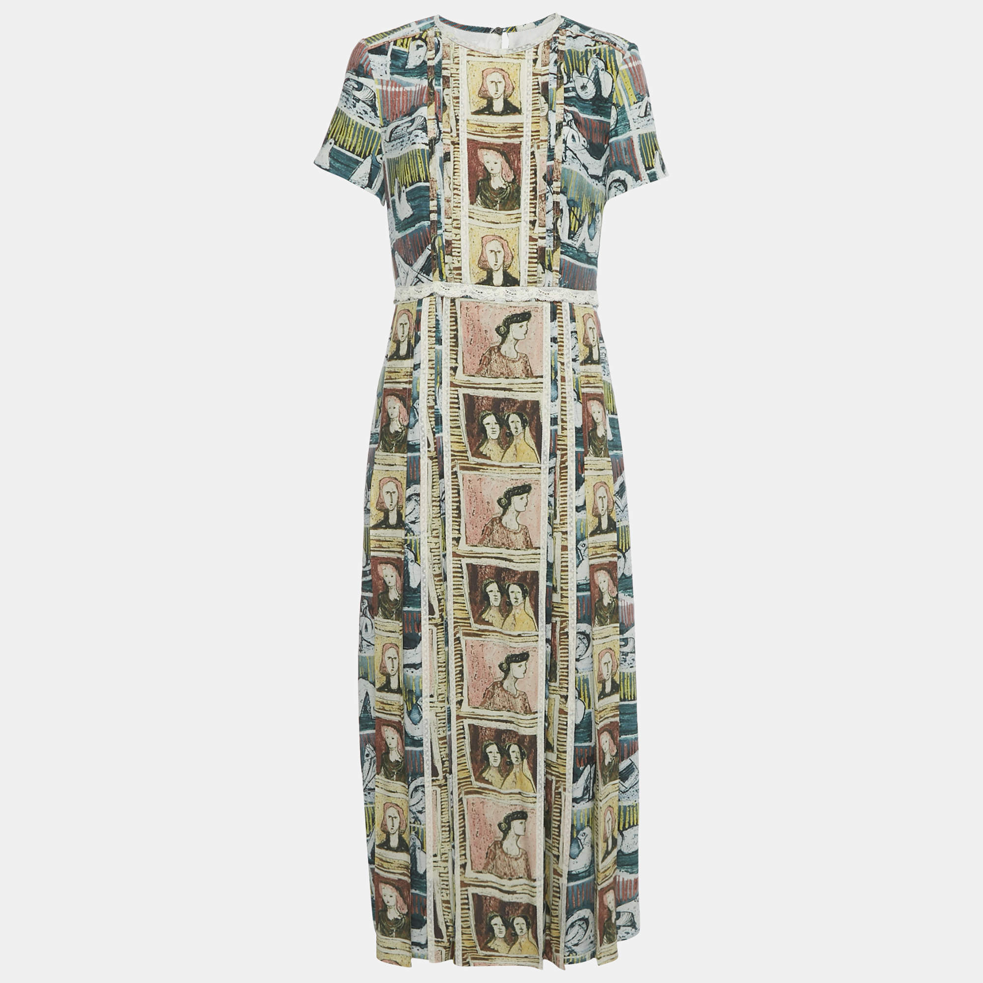 Pre Owned Burberry Multicolor Framed Heads Print Silk Lace Trim Maxi Dress M