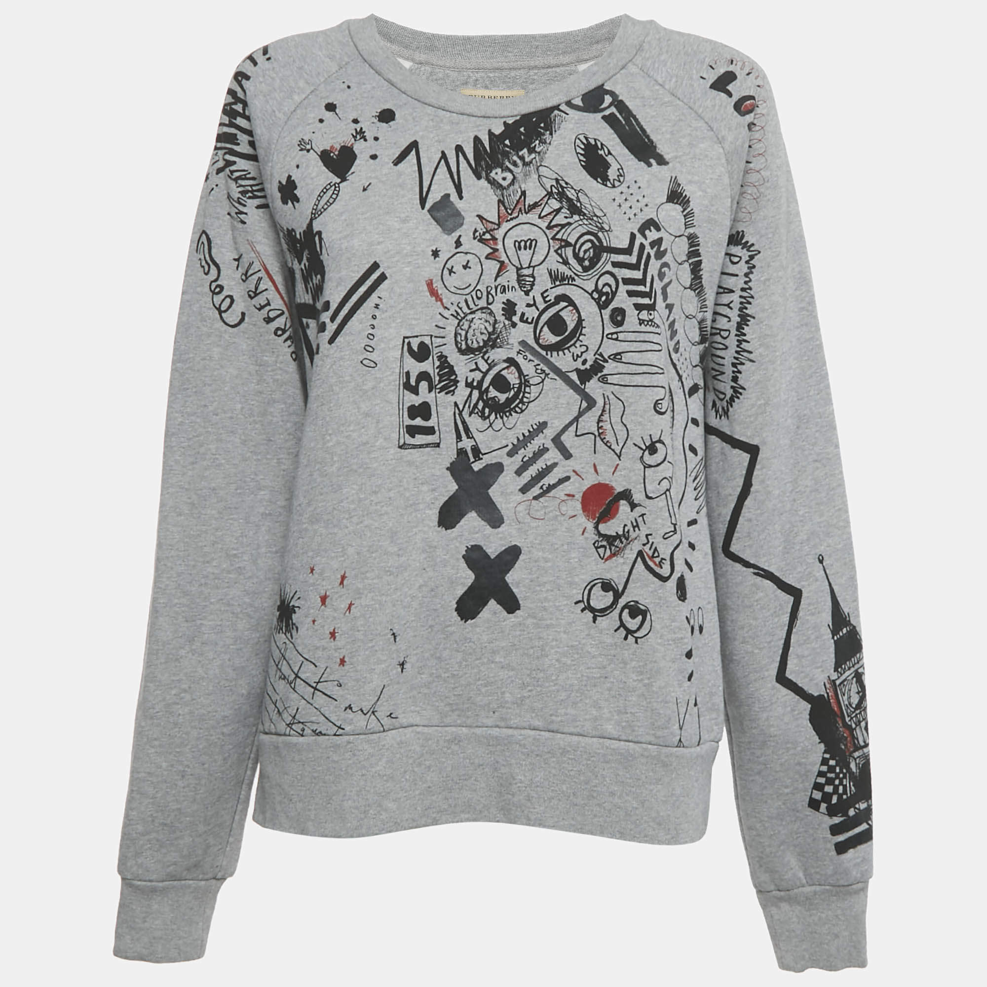 Pre Owned Burberry Grey Printed Cotton Knit Crewneck Sweatshirt L