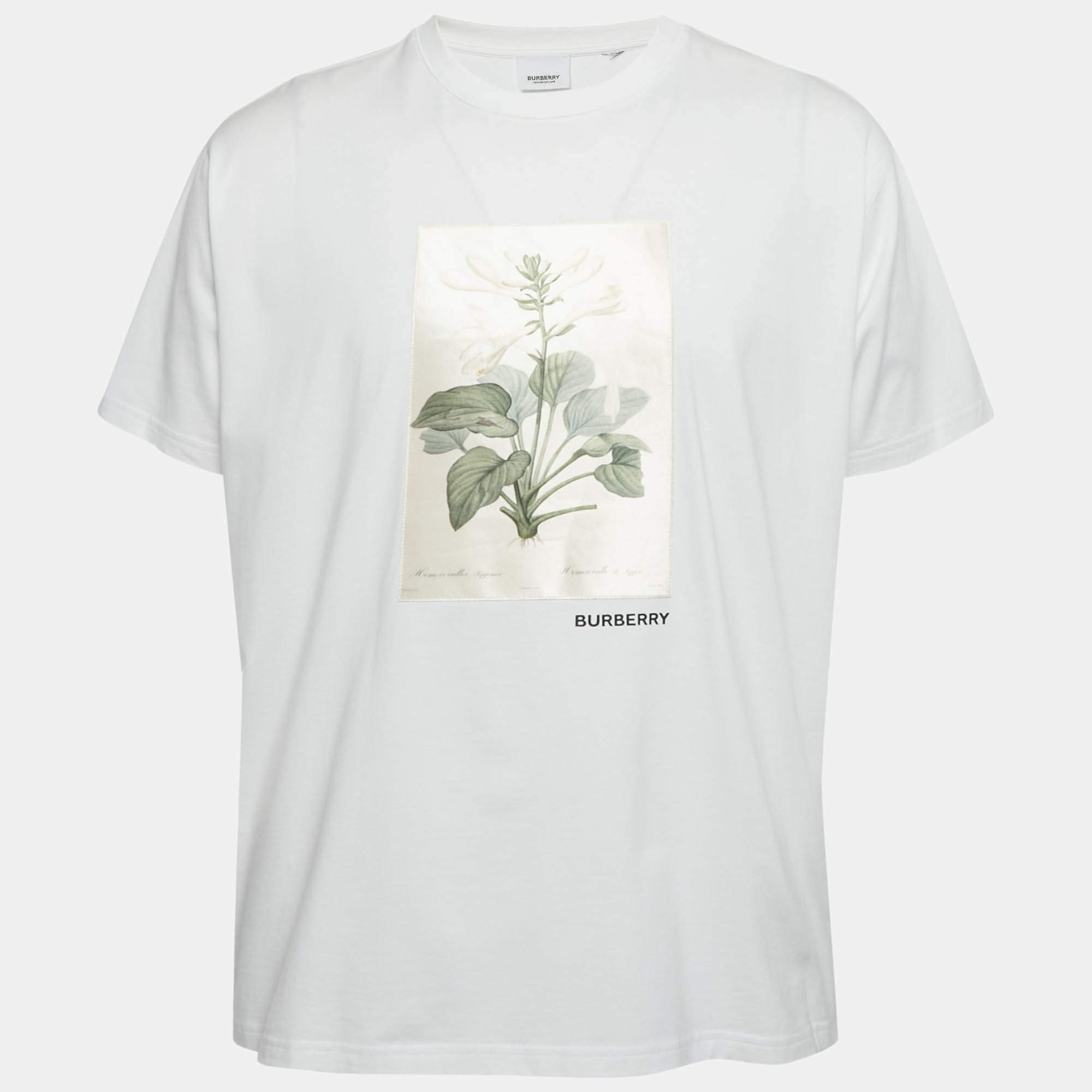 Pre Owned Burberry White Botanical Sketch Print Applique Cotton T-Shirt XL