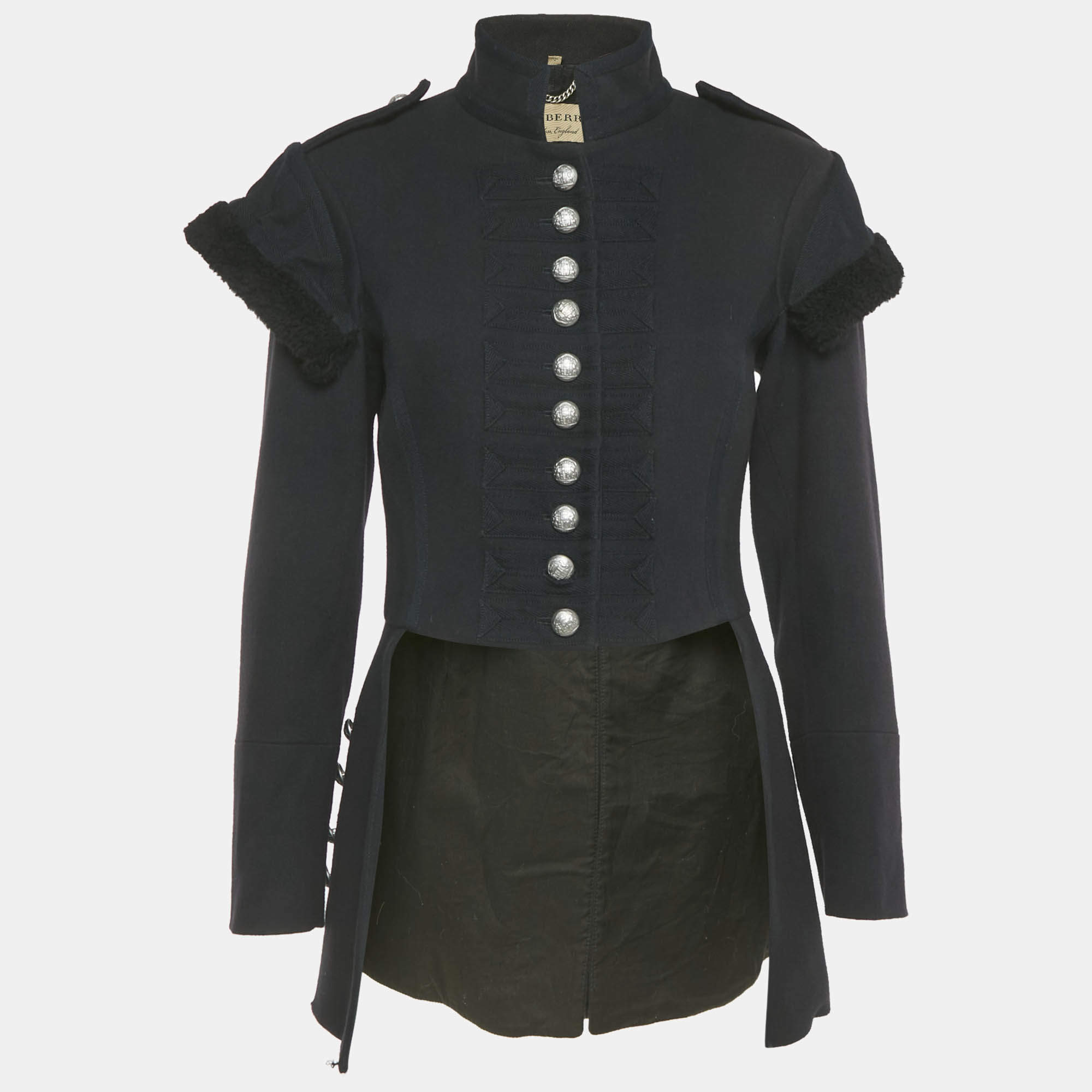 Pre Owned Burberry Navy Blue Felt Baschurch Military Style Tail Jacket S