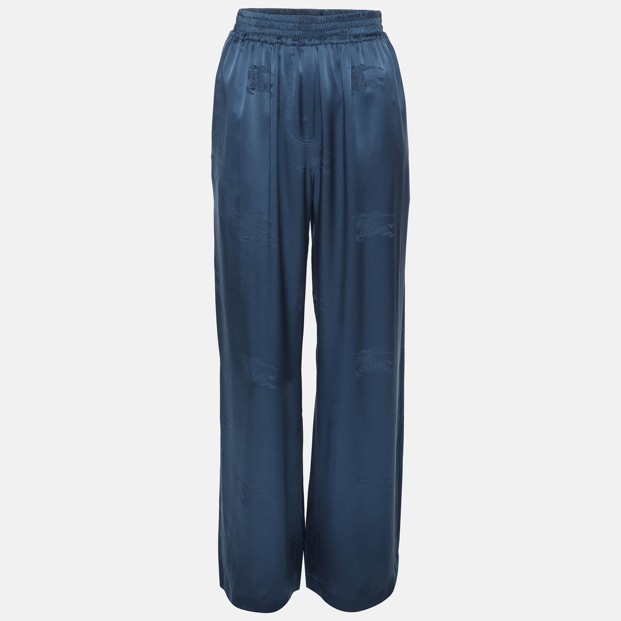 Pre Owned Burberry Midnight Blue Satin Logo Elasticized Waist Pants S