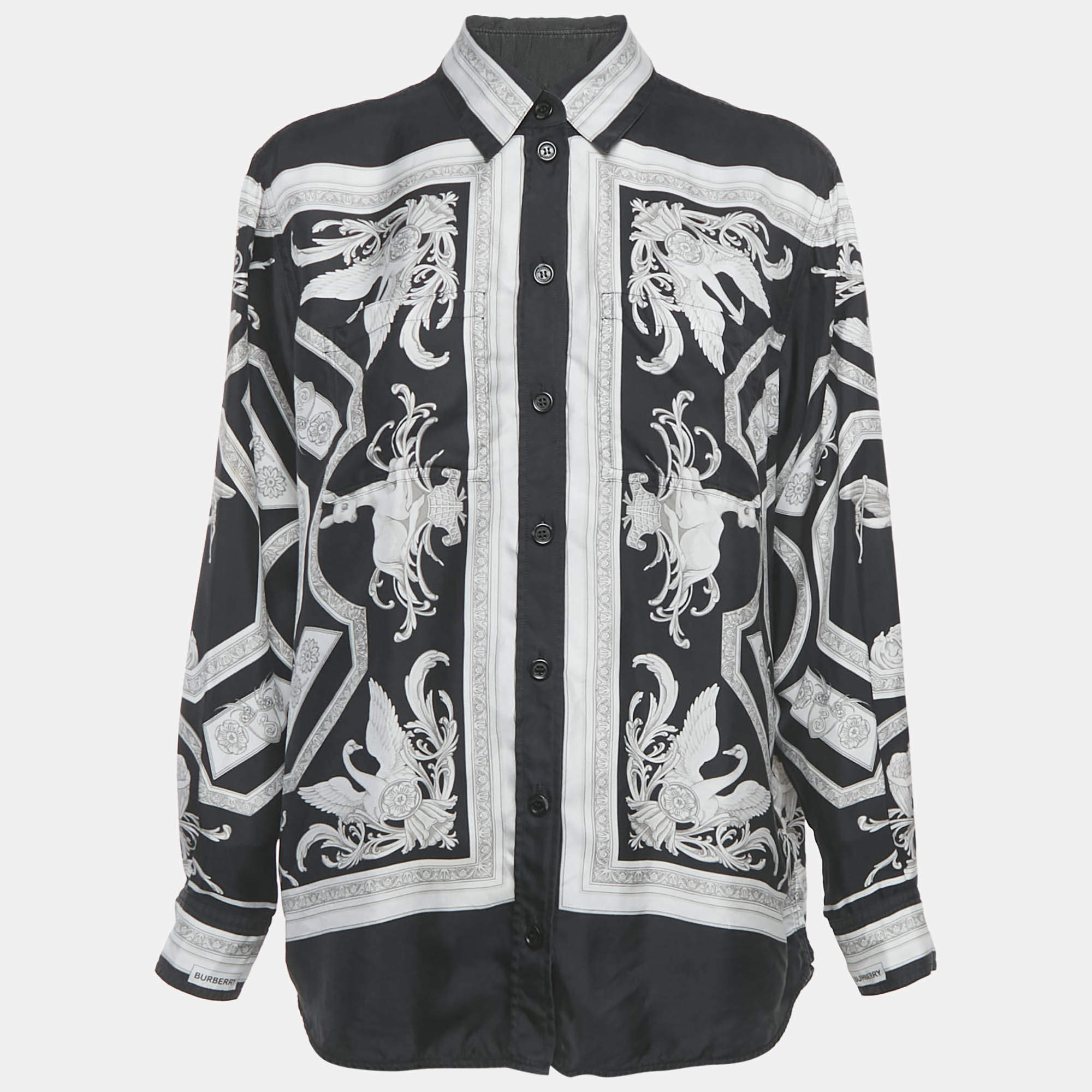 Pre Owned Burberry Black Statue Print Silk Blouse S 