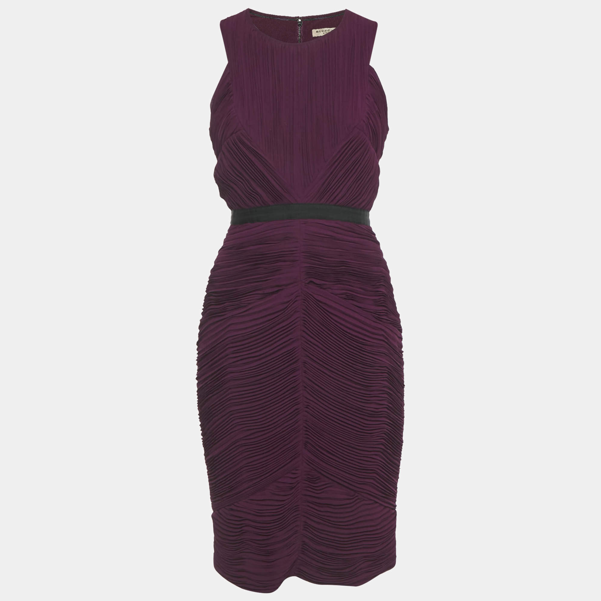 Pre Owned Burberry Burgundy Plisse Sleeveless Sheath Dress S