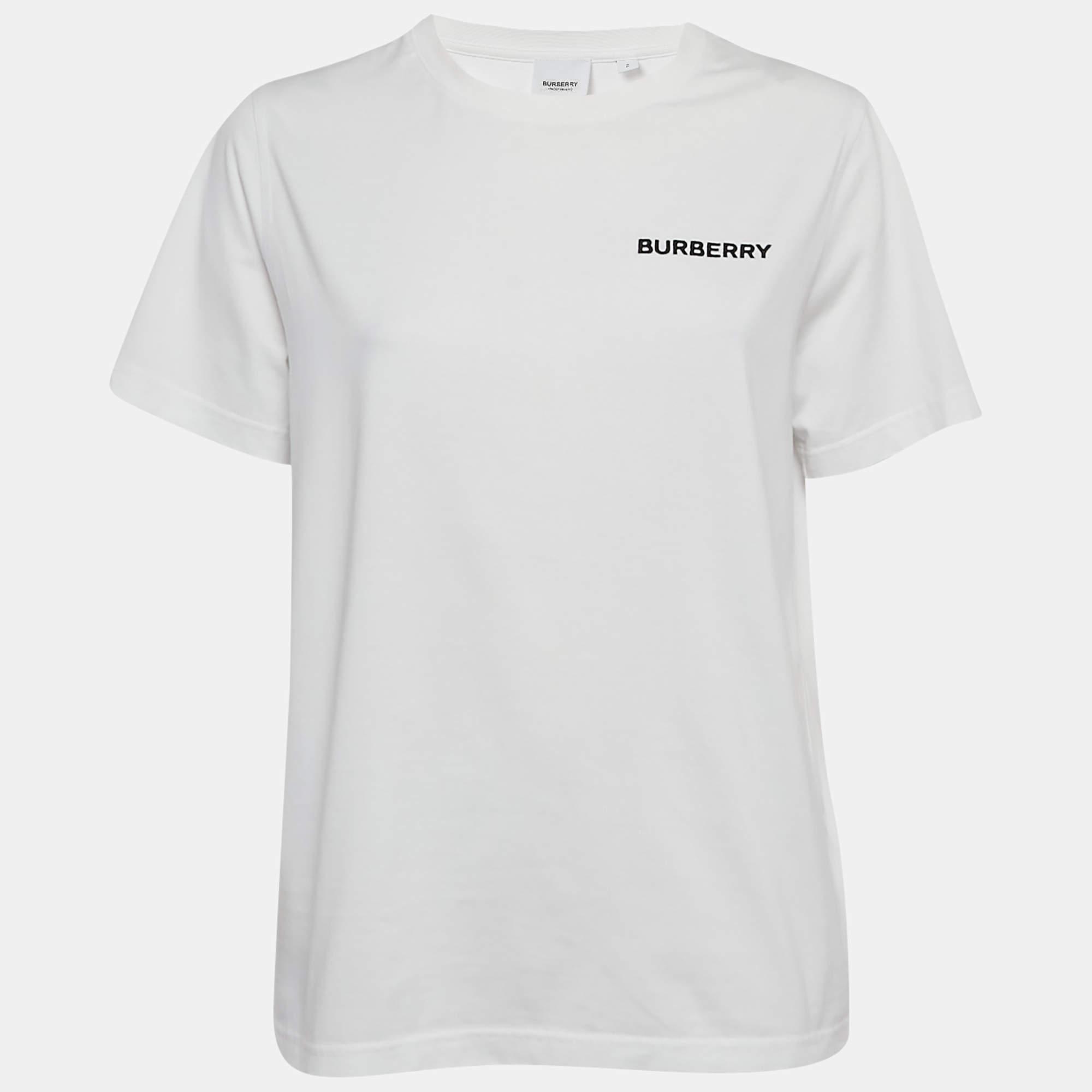 Pre Owned Burberry White Logo Embroidered Cotton Crew Neck T-Shirt S 
