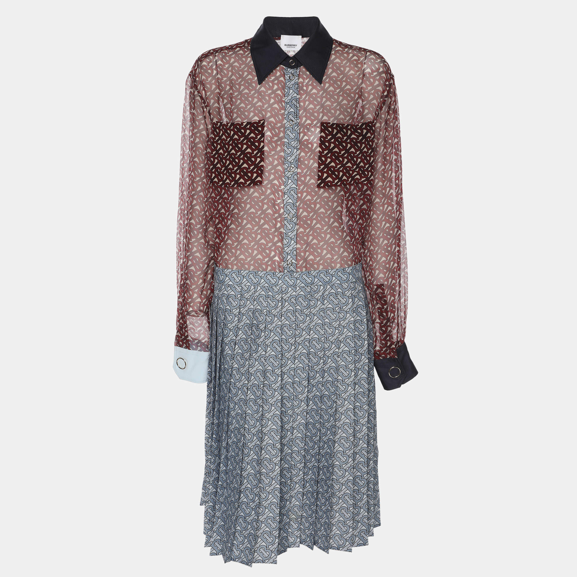 Pre Owned Burberry Red/Blue Monogram Print Chiffon Shirt Dress S