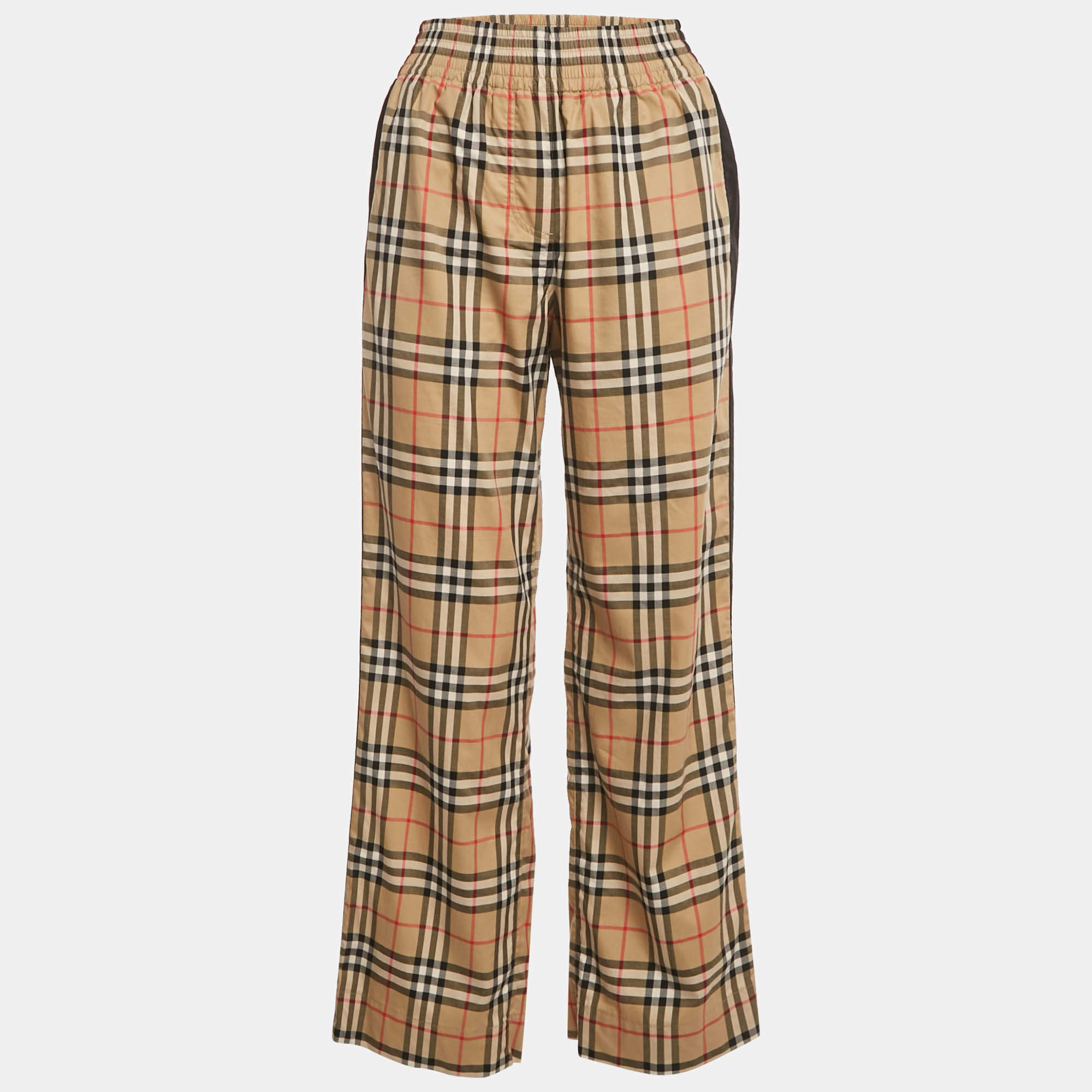 Pre Owned Burberry Beige Check Print Cotton Contrast Side Trim Louane Trousers XS