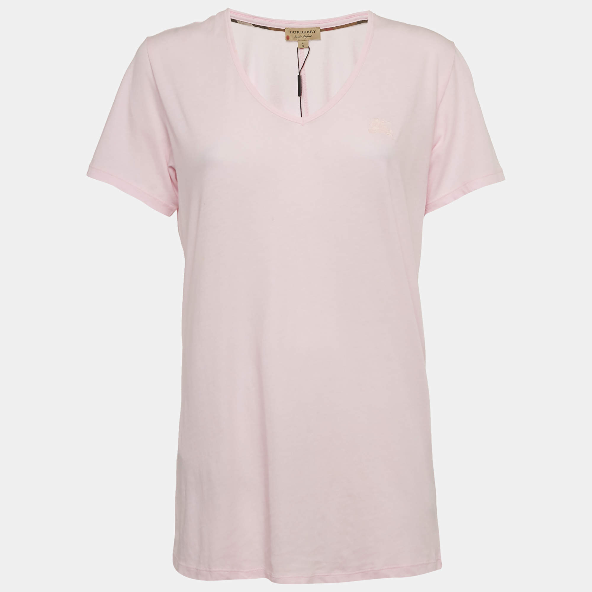 Pre Owned Burberry Pink Logo Embroidered Cotton V-Neck T-Shirt L
