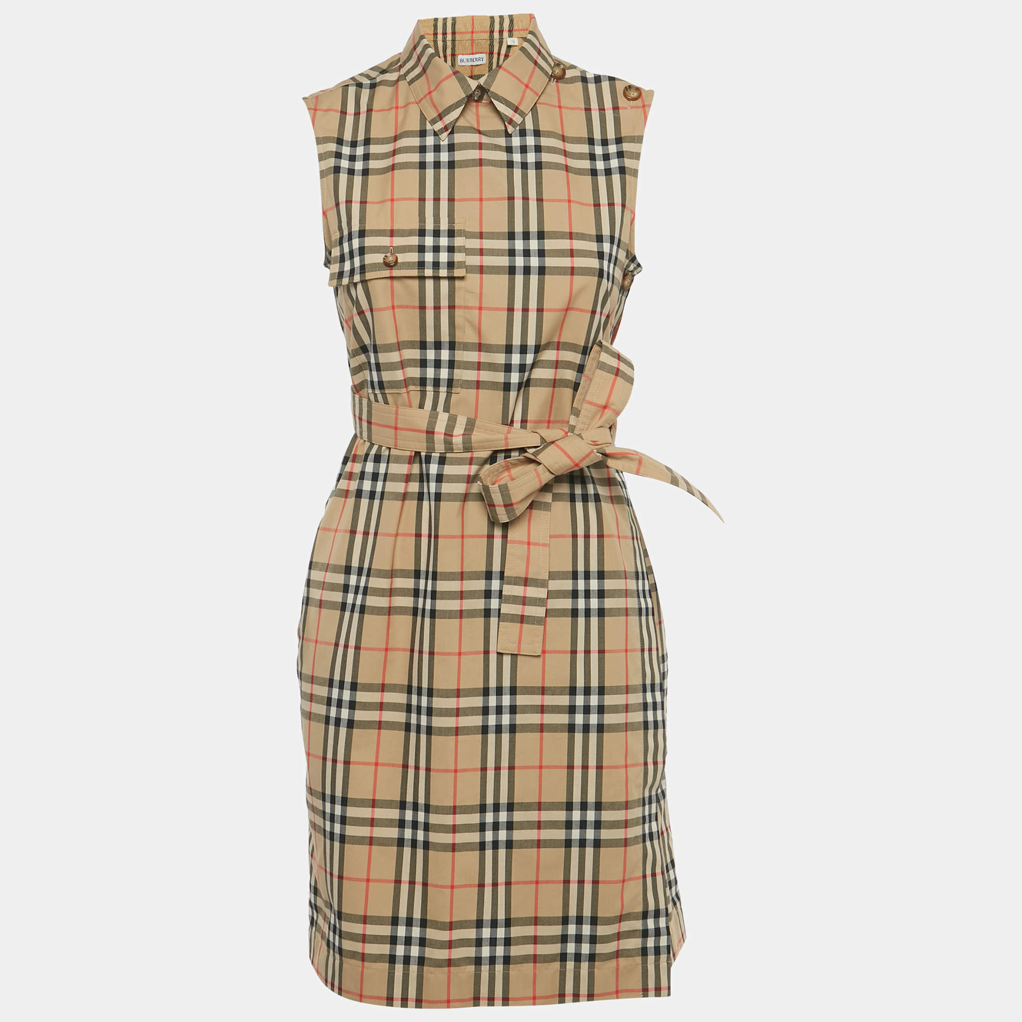 Pre Owned Burberry Beige Vintage Check Print Cotton Wrap Around Mini Dress S