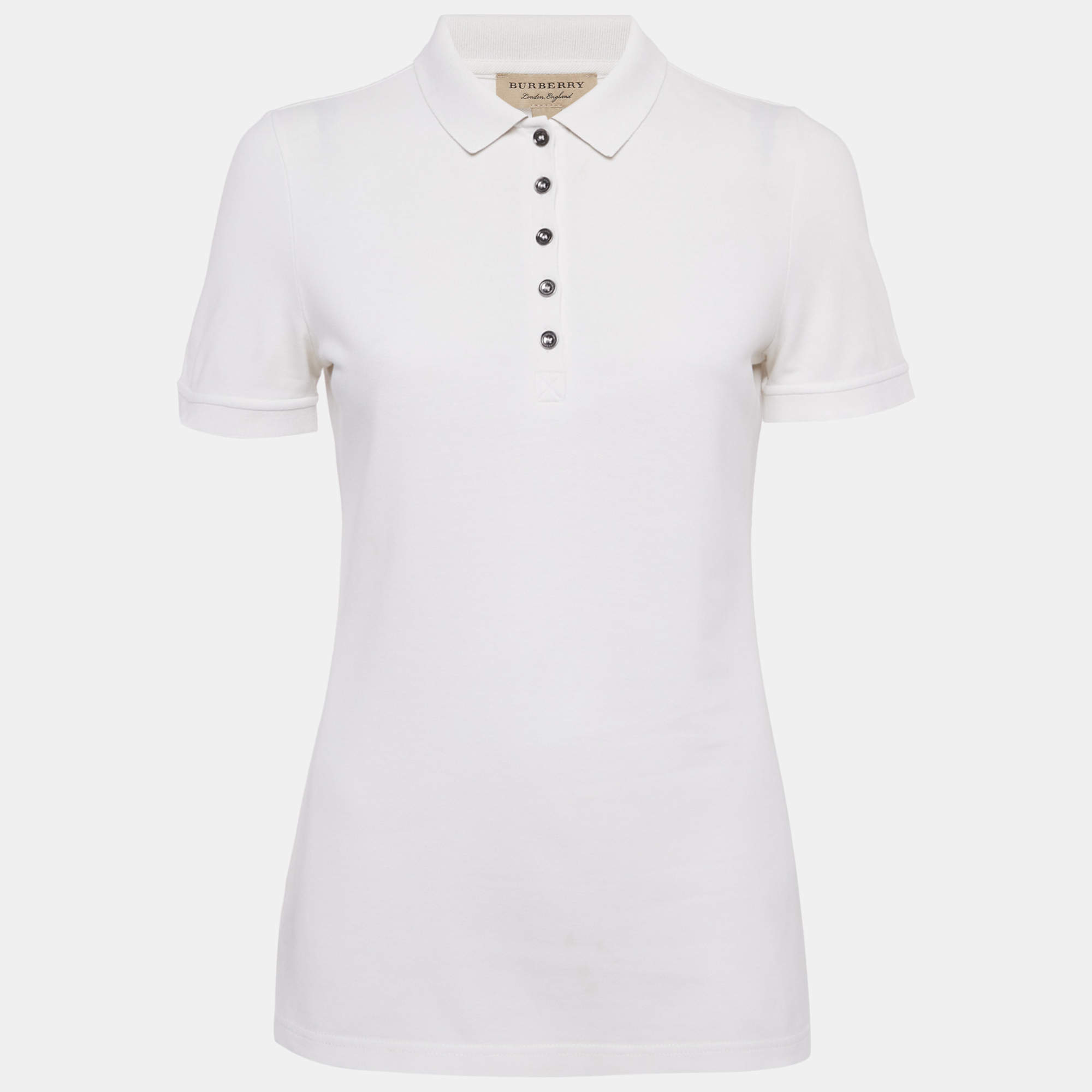 Pre Owned Burberry White Cotton Pique Polo T-Shirt S