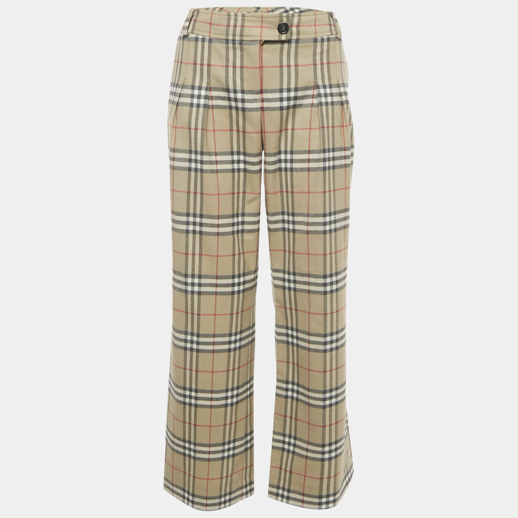 مملوكة مسبقًا Burberry Beige Check Print Wool Wide Leg Trousers S