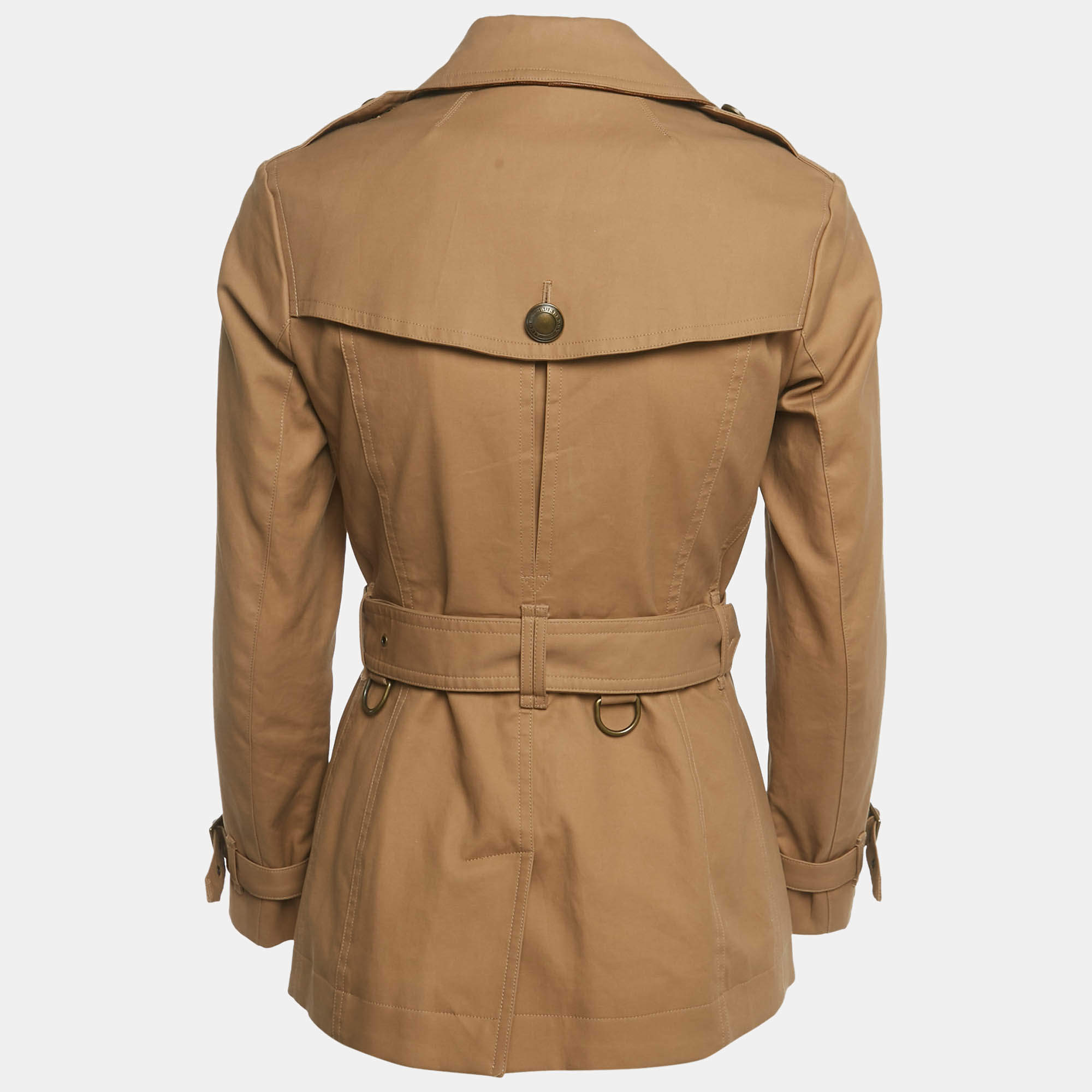 Burberry Brown Cotton Blend Leather Detail Short Trench Coat XS