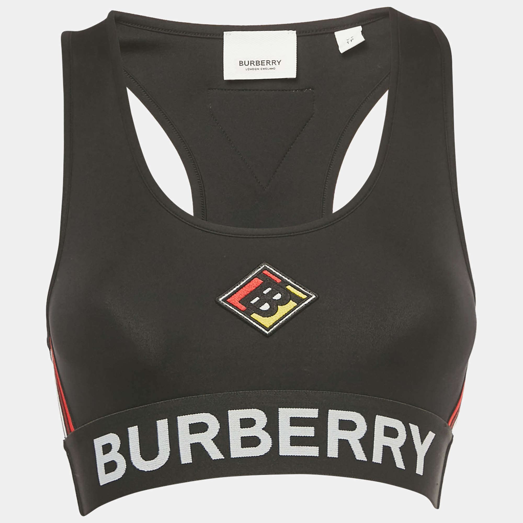 Pre Owned Burberry Black Logo Patch Jersey Sports Bra XS