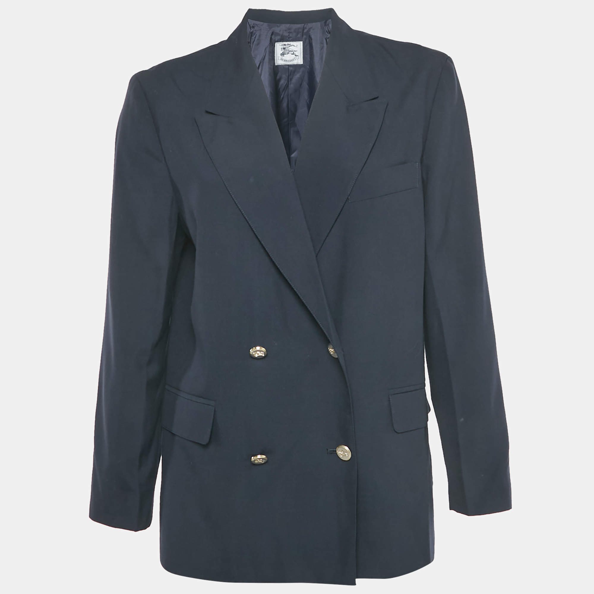 Pre Owned Burberry Navy Blue Wool Blend Double Breasted Blazer XL