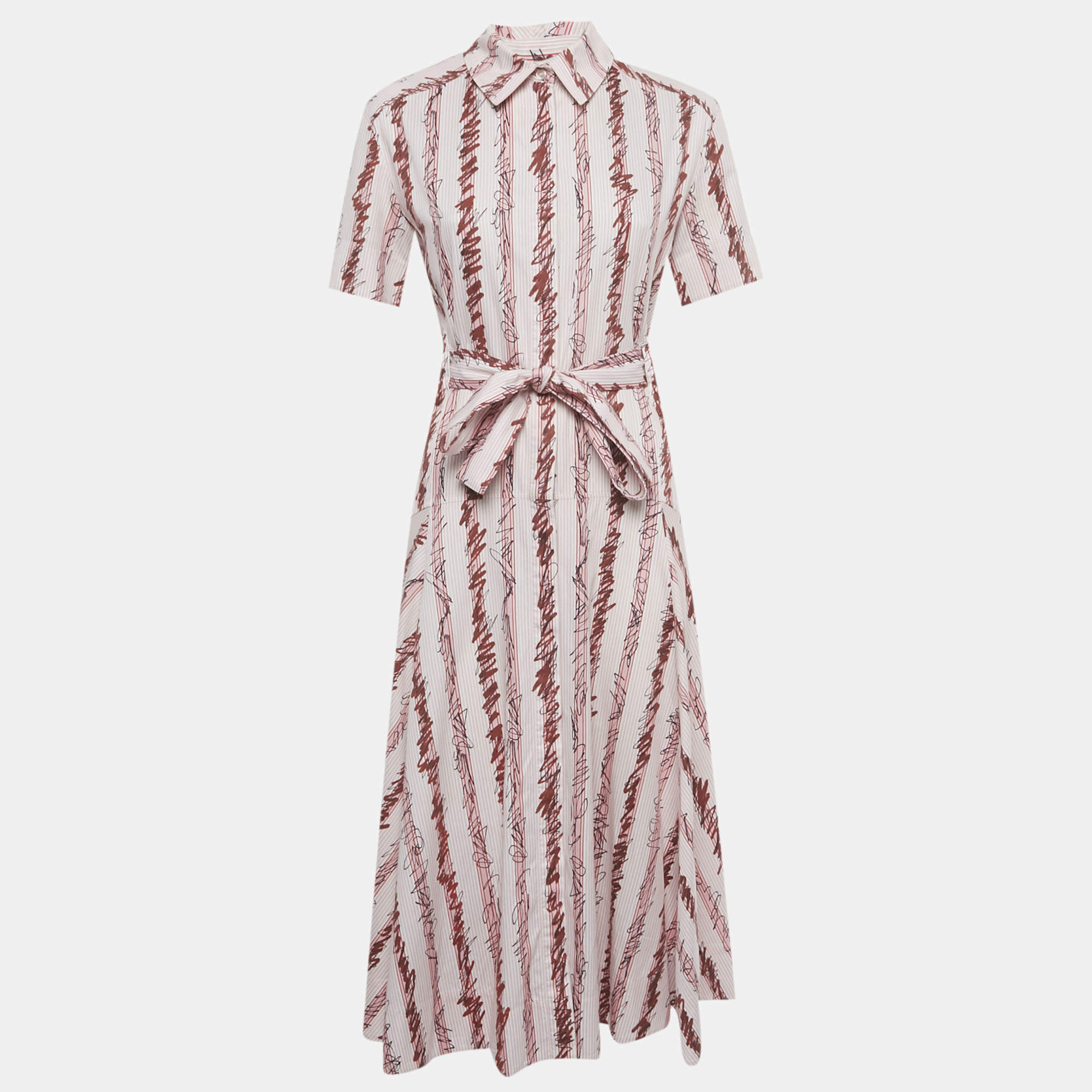 Pre Owned Burberry Pink Scribble Printed Cotton Belted Shirt Dress S