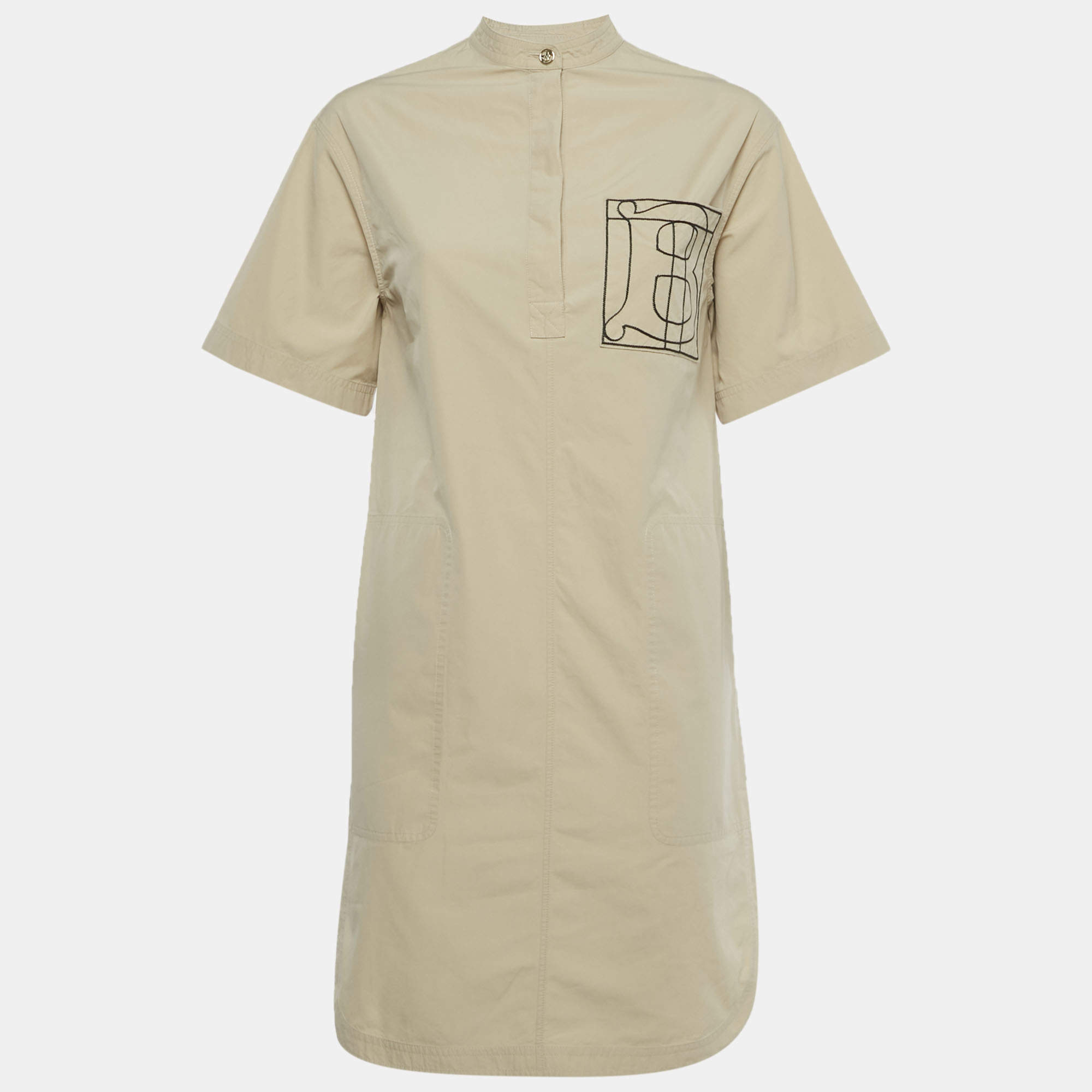 Pre Owned Burberry Beige Cotton Monogram Embroidered Cotton Abbie Mini Dress XS