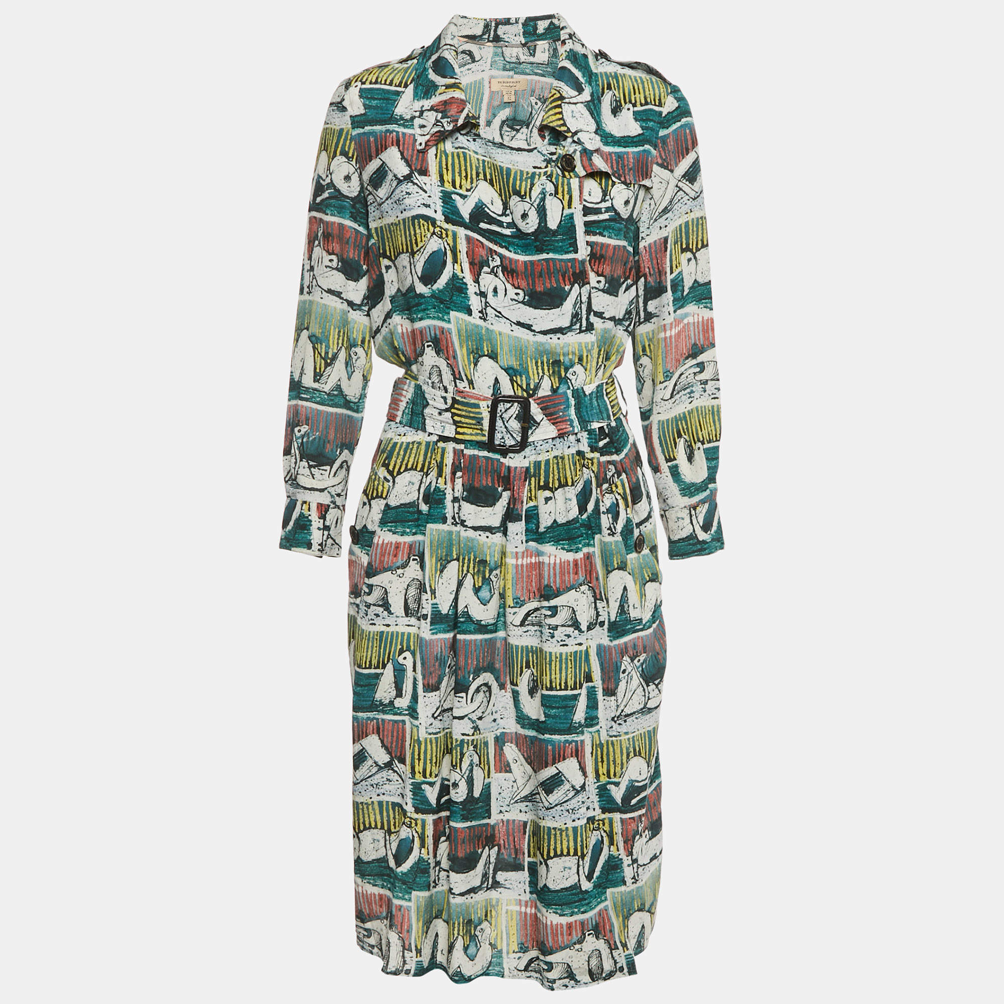 Pre Owned Burberry Green Reclining Figures Silk Trench Midi Dress S