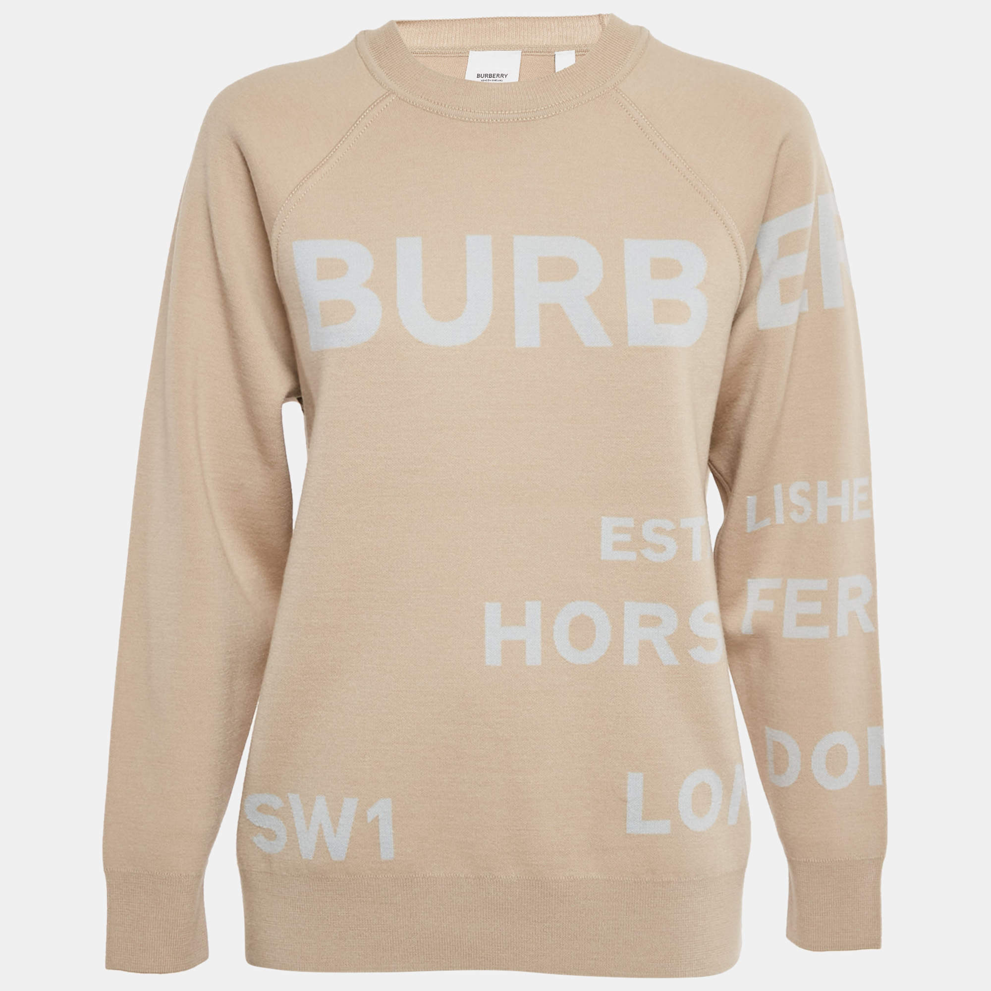 Pre Owned Burberry Beige Logo Print Wool Crewneck Sweater S