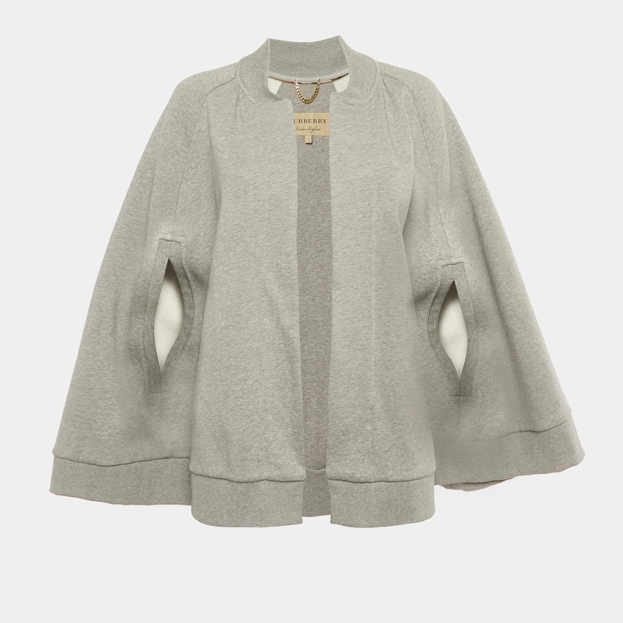 Pre Owned Burberry Grey Cotton Fish Applique Cape Jacket S