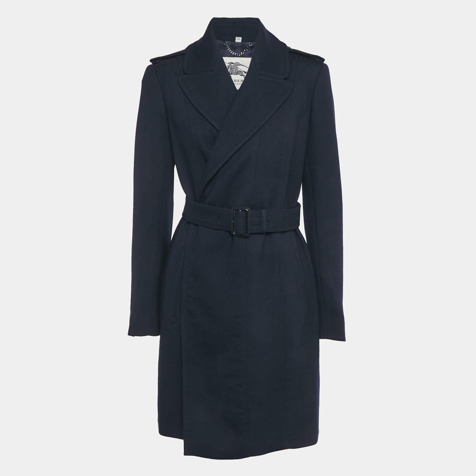 مملوكة مسبقًا Burberry Navy Blue Crepe & Wool Mid Length Coat M