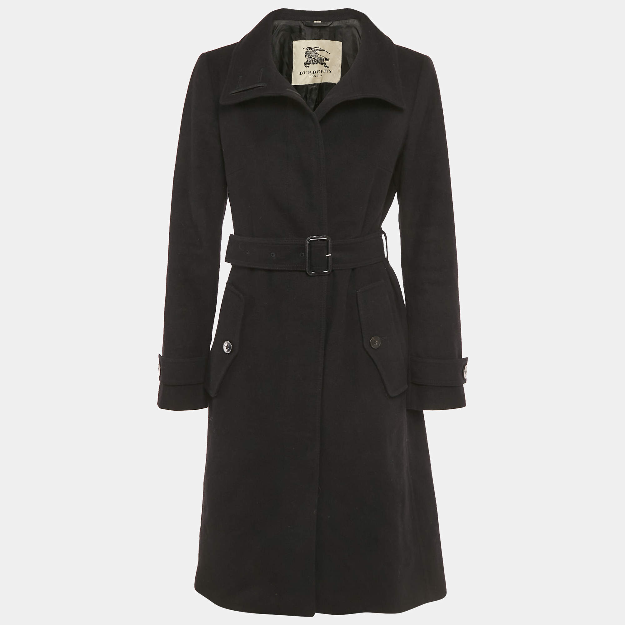 مملوكة مسبقًا Burberry Black Wool Felt Belted Mid-Length Coat M