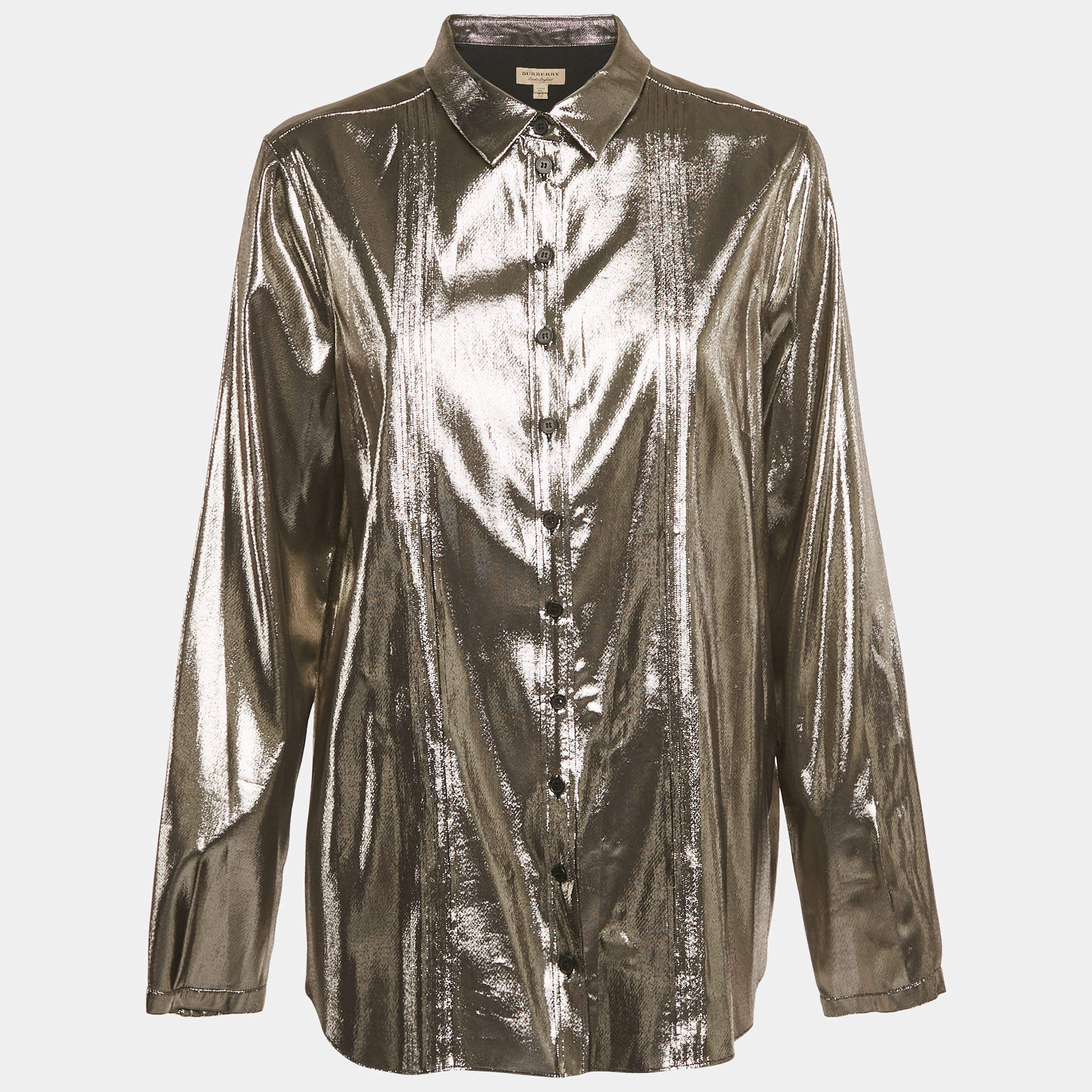 مملوكة مسبقًا Burberry London Metallic Lamé Pleated Shirt L