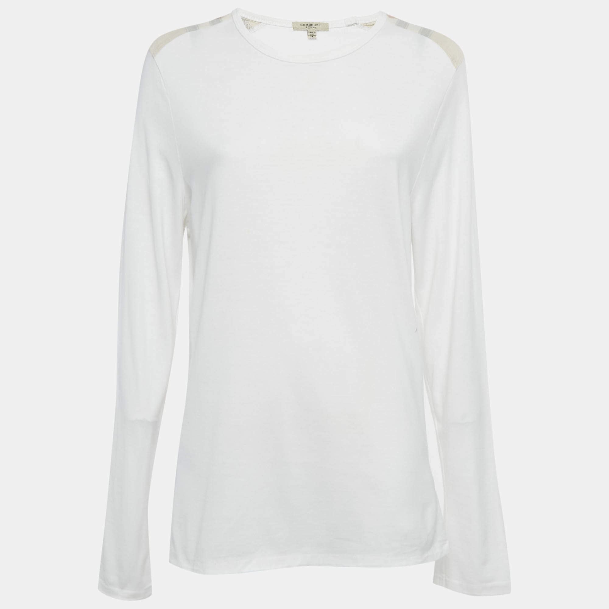 مملوكة مسبقًا قميص بربري أبيض بنمط كاروهات طويل الأكمام جيرسي كتف ميديوم