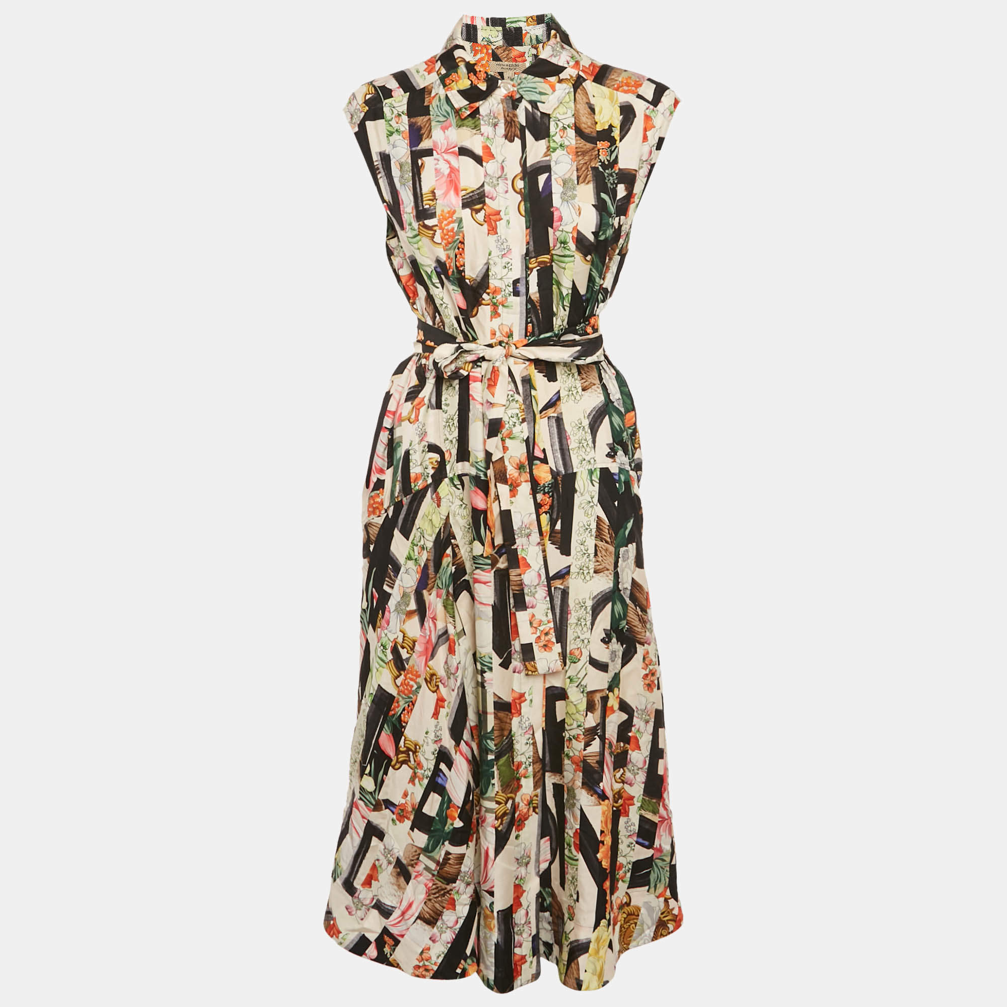 Pre Owned Burberry Multicolor Printed Silk Button Front Belted Long Dress S