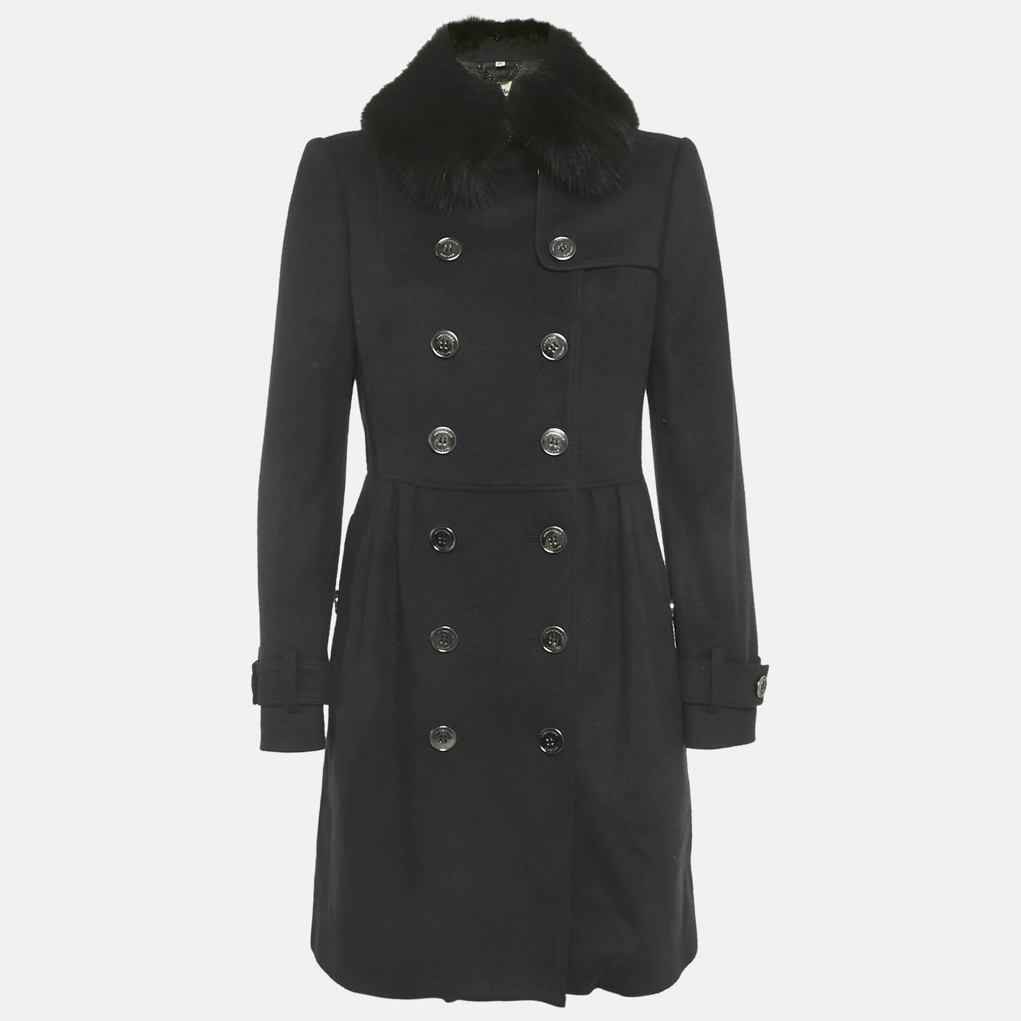 Pre Owned Burberry Black Wool Blend Detachable Fur Collar Coat S