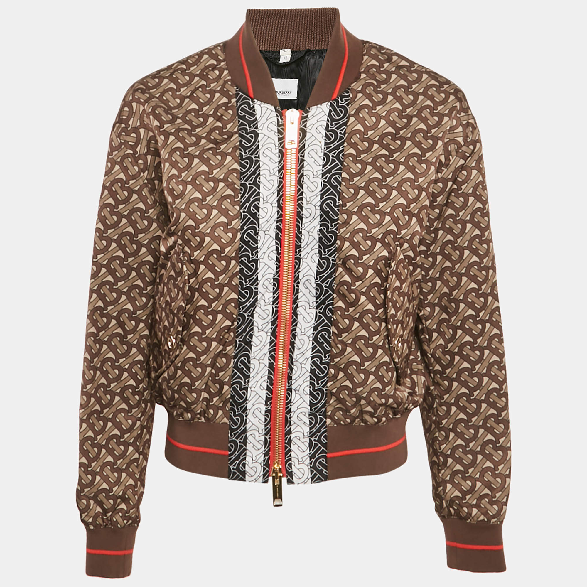 مملوكة مسبقًا Burberry Brown Monogram Print Synthetic Bomber Jacket XS