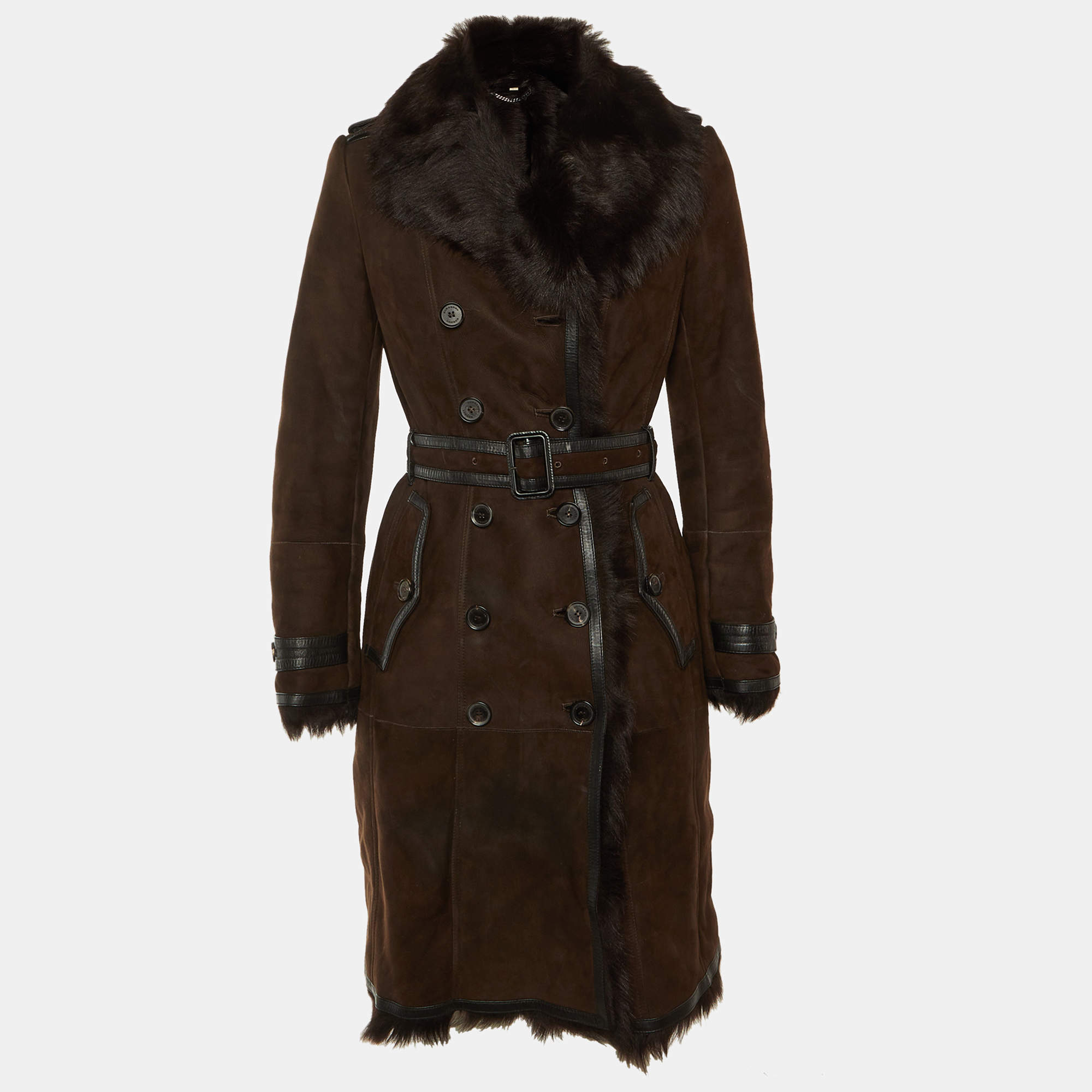 مملوكة مسبقًا Burberry Brown Sued Shearling Fur Coat S