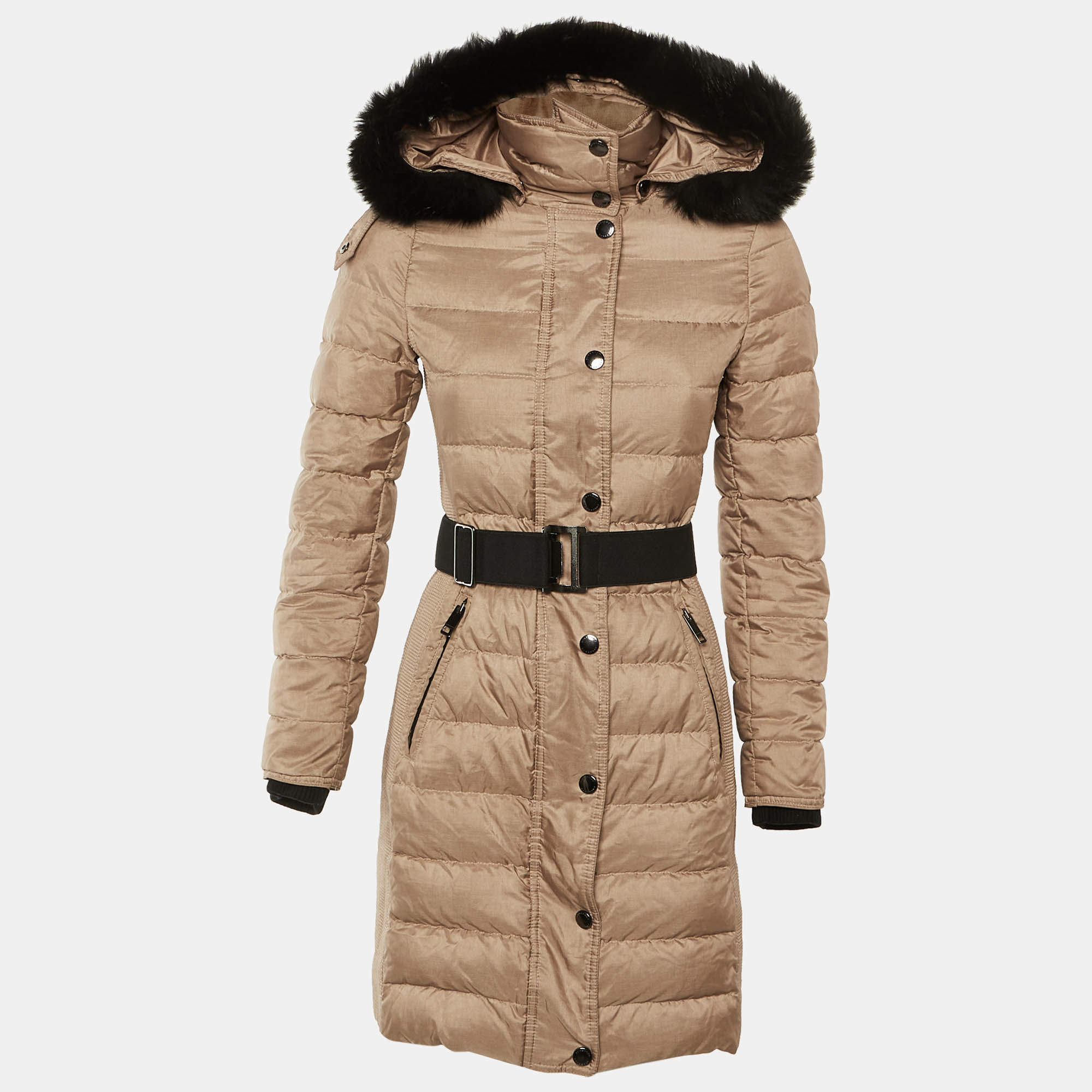 Pre Owned Burberry Beige Synthetic Detachable Hood Fur Detail Puffer Down Jacket XS