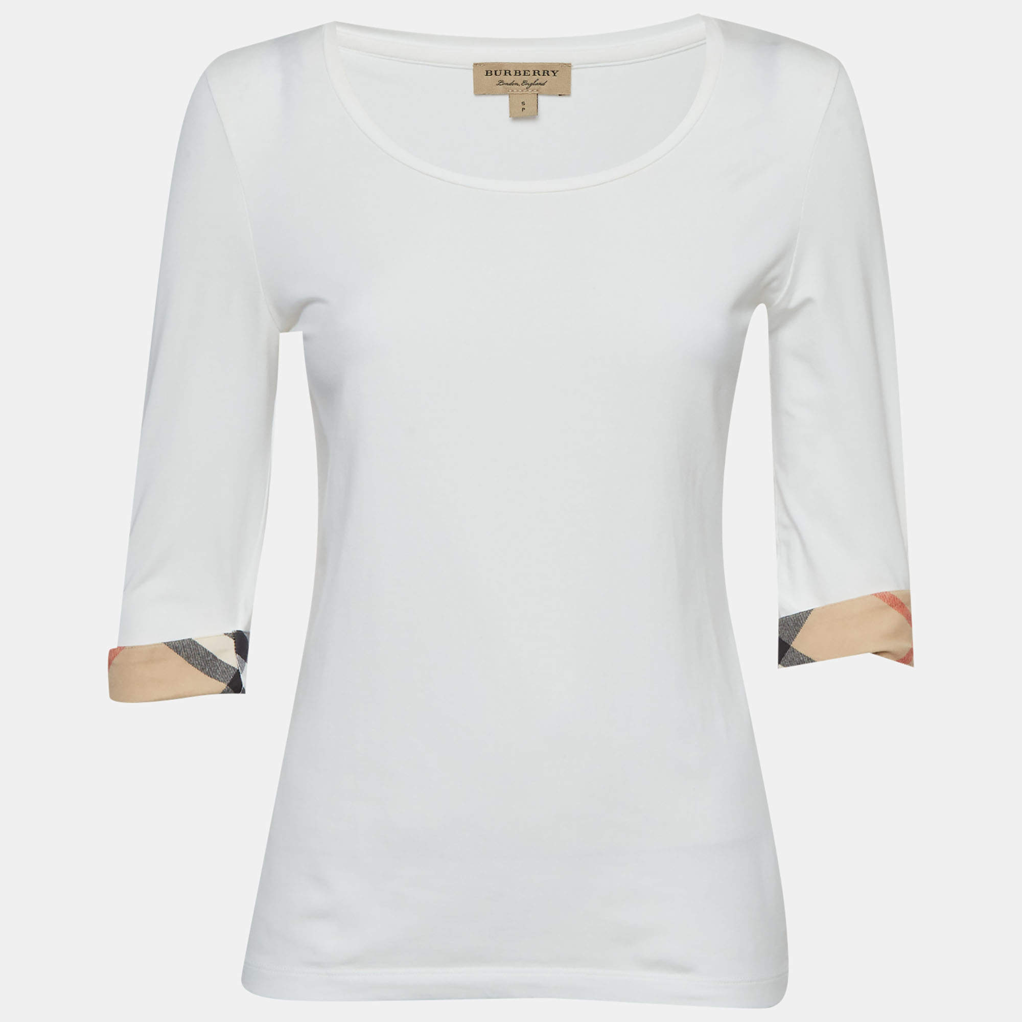 Pre Owned Burberry White Nova Check Jersey Scoop Neck Top S