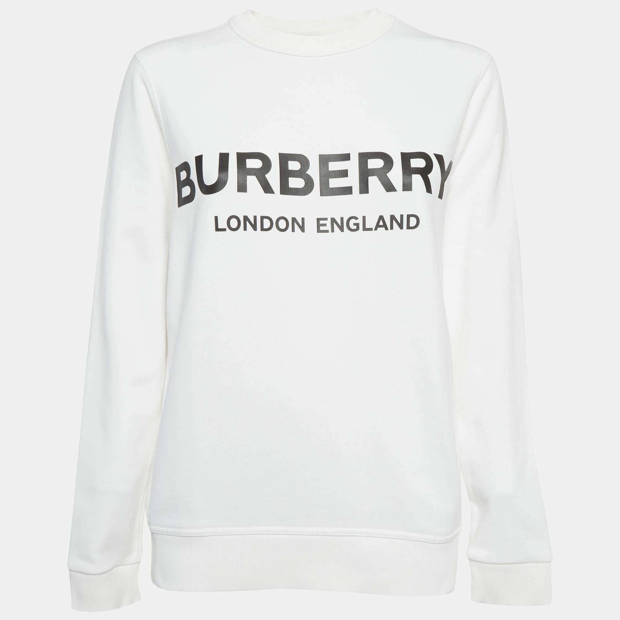 Pre Owned Burberry White Logo Print Cotton Knit Sweatshirt S