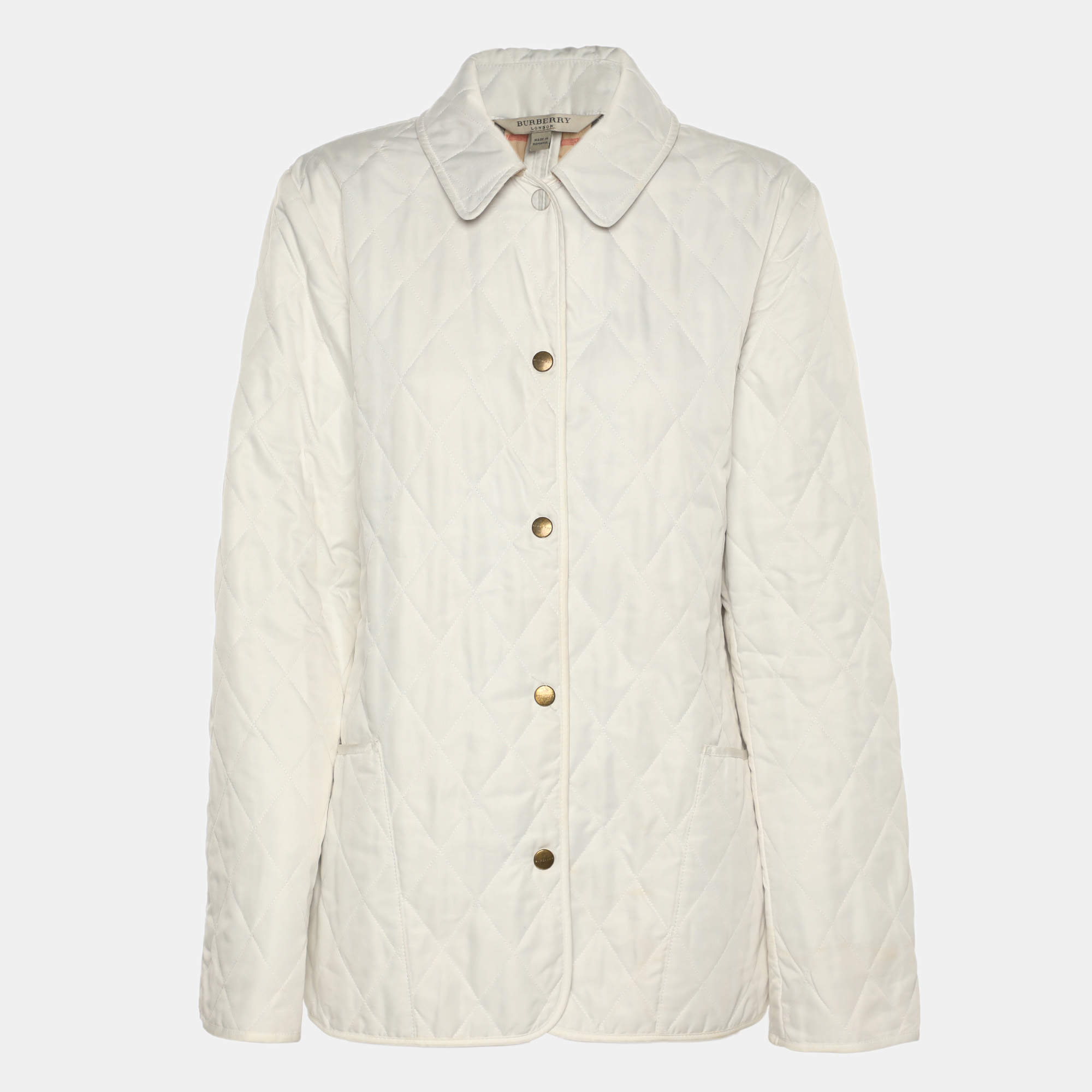 مملوكة مسبقًا Burberry London White Diamond Quilted Nylon Button Front Jacket O/S