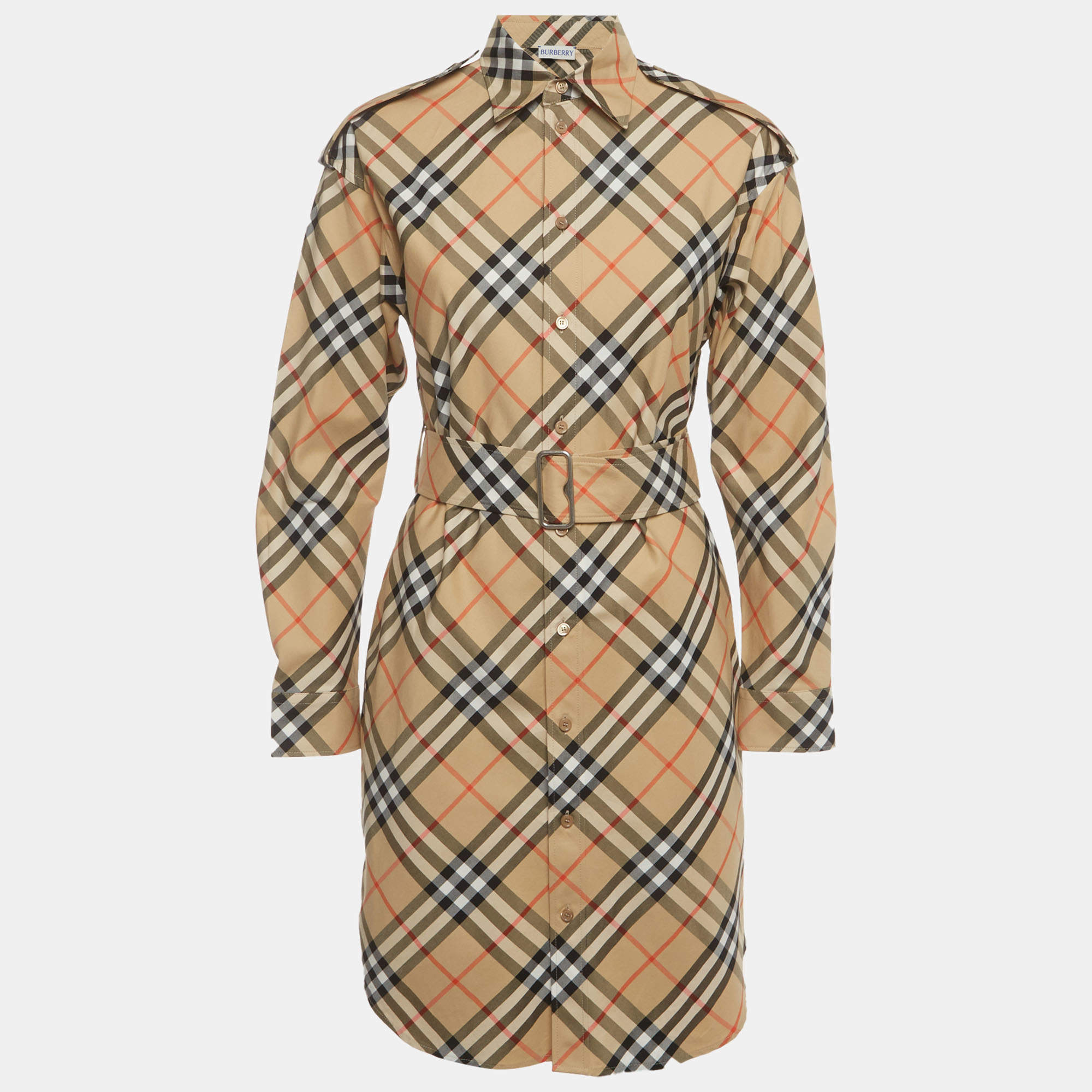 Pre Owned Burberry Beige Checked Cotton Belted Mini Shirt Dress XS 
