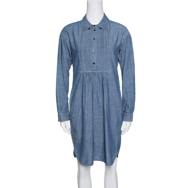 مملوكة مسبقًا Burberry Brit Indigo Chambray Pintuck Detail Shirt Dress S