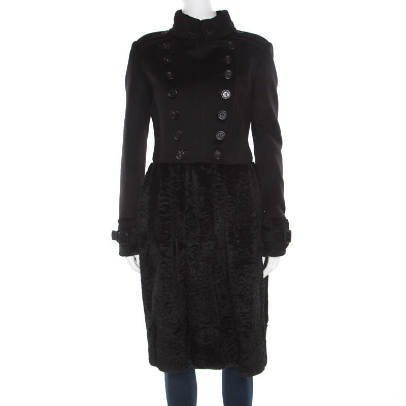 Pre Owned Burberry Prorsum Black Wool and Cashmere Rabbit Fur Panel Detail Dress Coat M