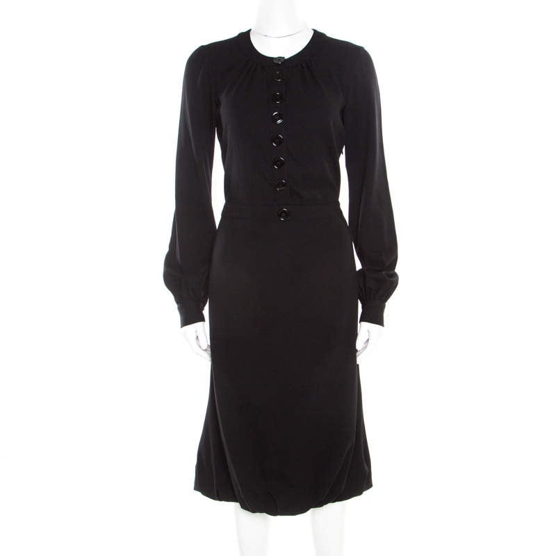 Pre Owned Burberry Black Wool Crepe Buttoned Long Sleeve Balloon Hem Dress M