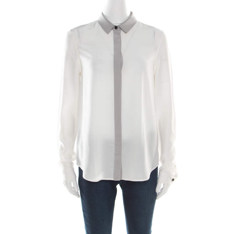 Pre Owned Burberry London Grey and White Colorblock Silk Long Sleeve Shirt S
