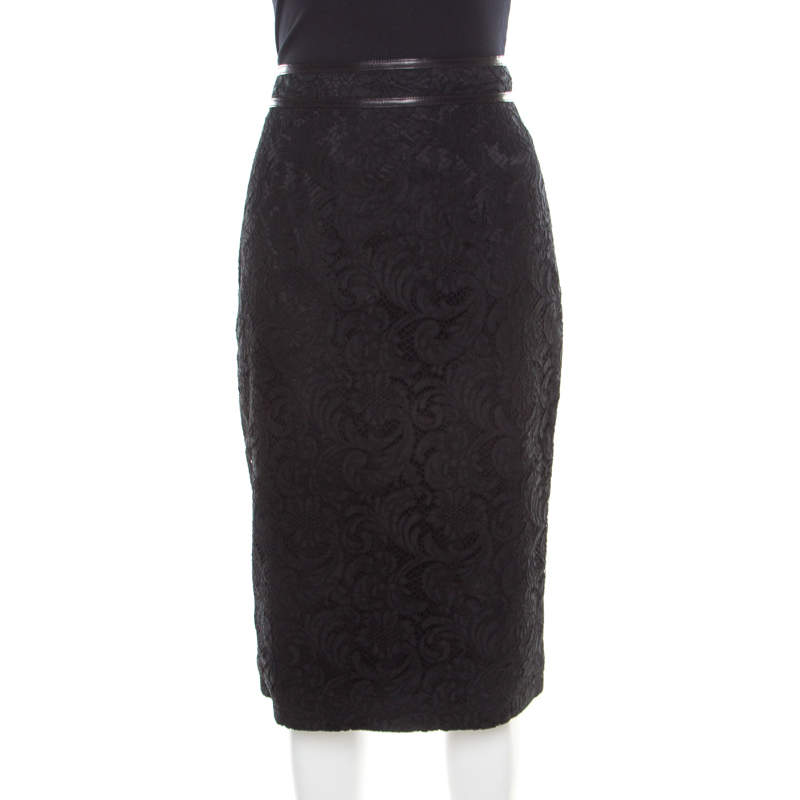 Pre Owned Burberry London Black Floral Lace Leather Trim Detail Pencil Skirt S