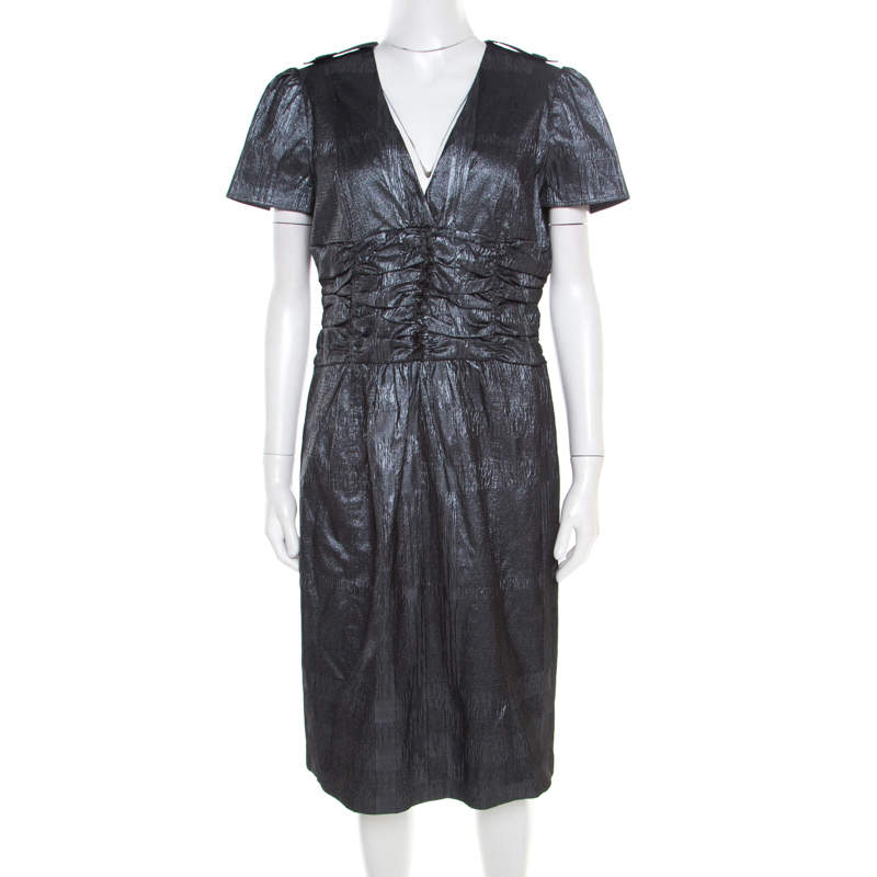Pre Owned Burberry London Metallic Silver Jacquard Plunge Neck Short Sleeve Dress M
