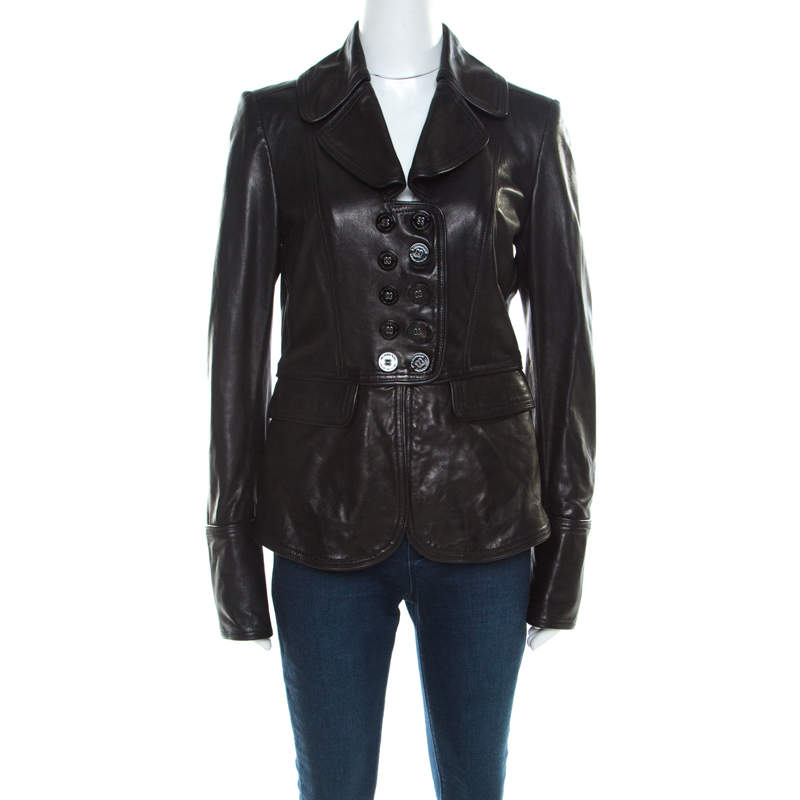 Pre Owned Burberry Black Leather Double Button Panel Peplum Moto Jacket M