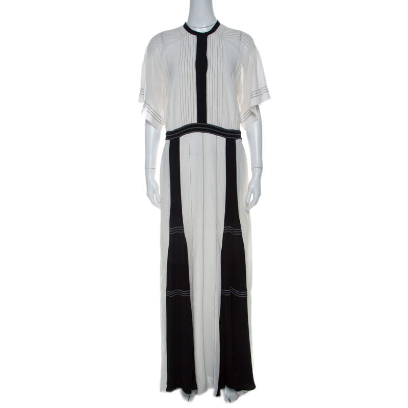 Pre Owned Burberry Black and White Chiffon Pintuck Bodice Maxi Dress M 