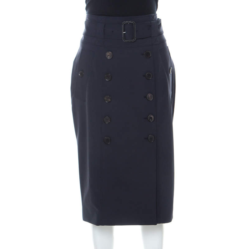 Pre Owned Burberry Navy Blue Stretch Crepe Button Front Trench Midi Skirt L
