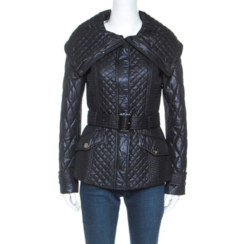 مملوكة مسبقًا Burberry Black Quilted Zip Front Belted Jacket S
